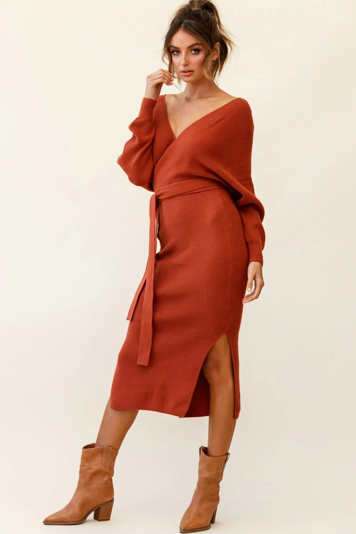 Cameo Batwing Knit Midi Dress Camel - Seraphlike