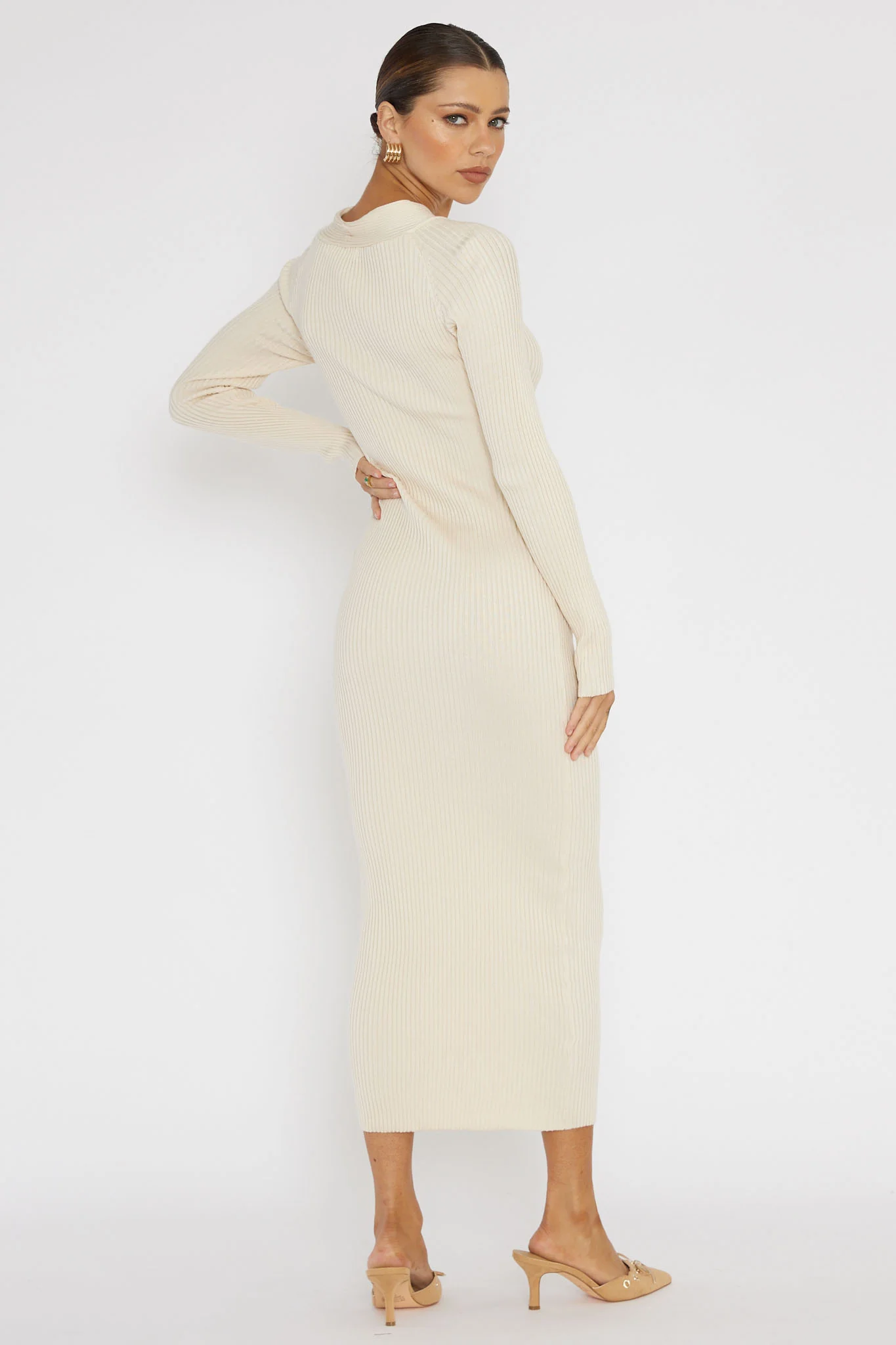 One Mind Cut-Out Neckline Knit Midi Dress Cream - Seraphlike