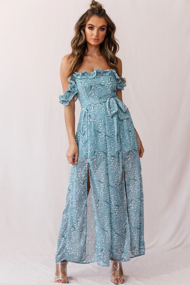 Jazz Bardot Neckline Wide Leg Split Jumpsuit Sage - Seraphlike