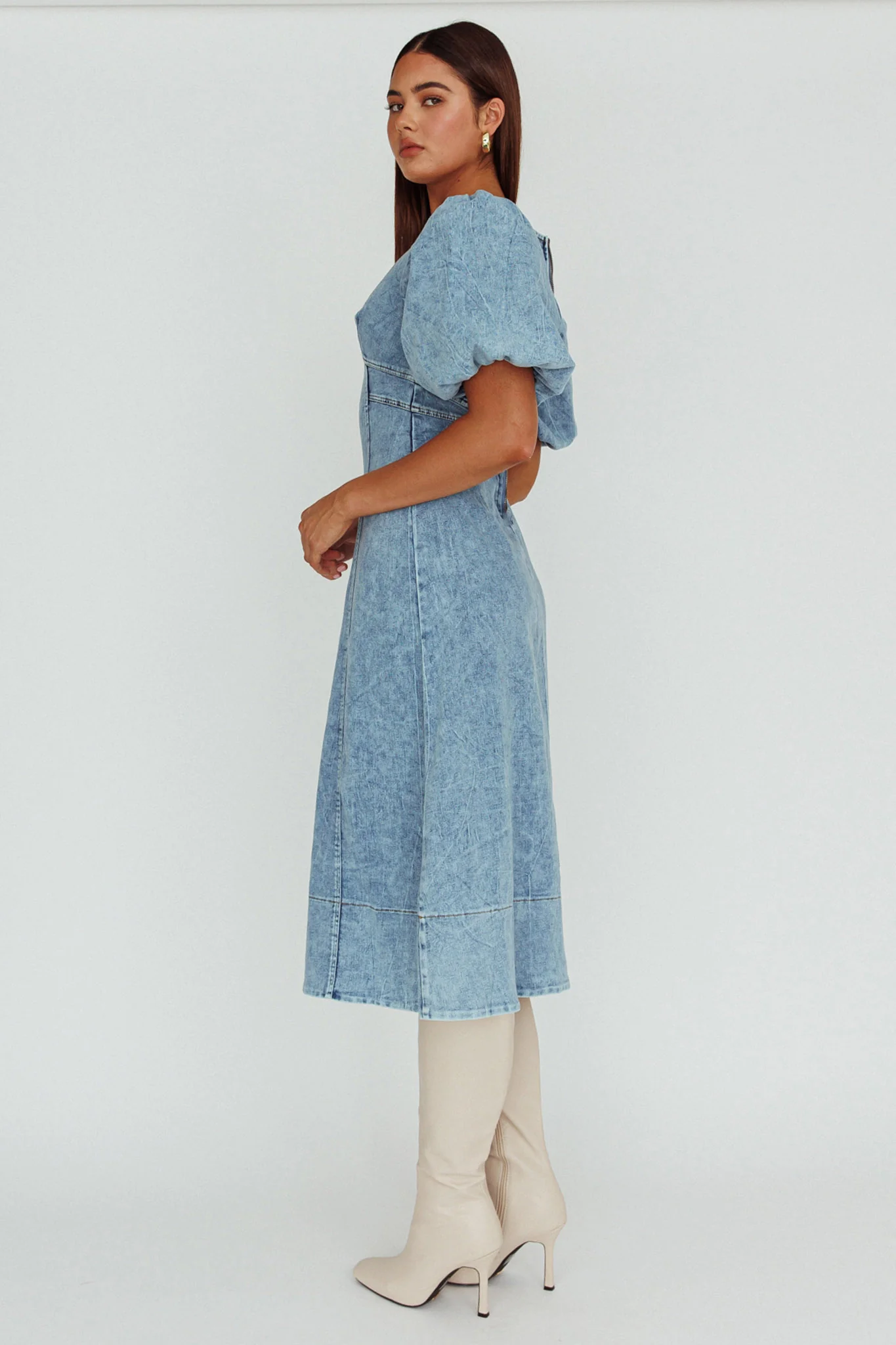 Elias Puff Sleeve Midi Dress Denim - Seraphlike