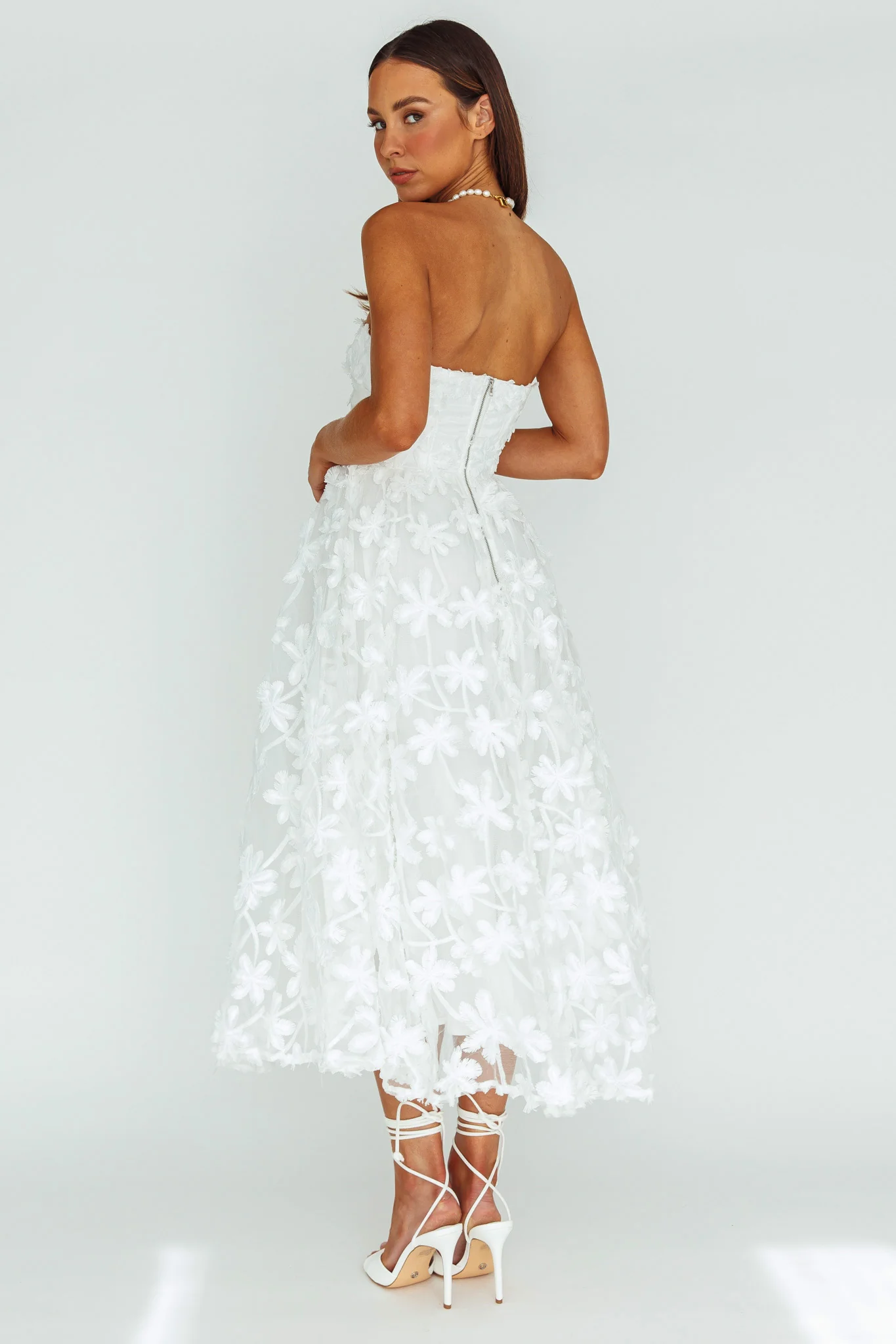 Dori Floral Embellished Midi Dress White - Seraphlike