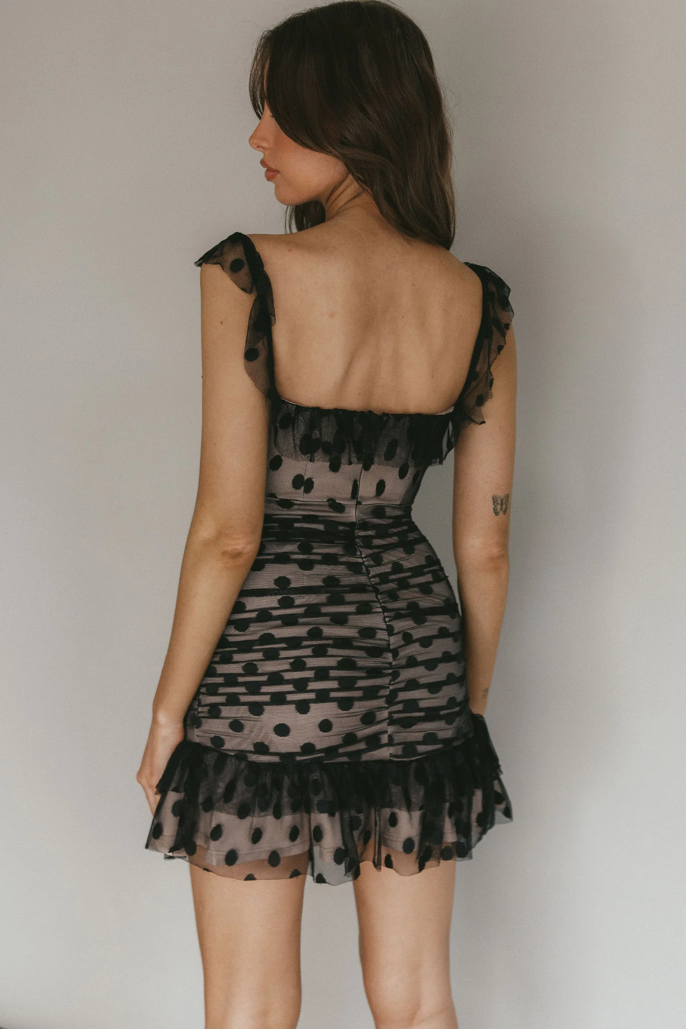 Matilda Frill Trim Mesh Mini Dress Polka Dot Black - Seraphlike