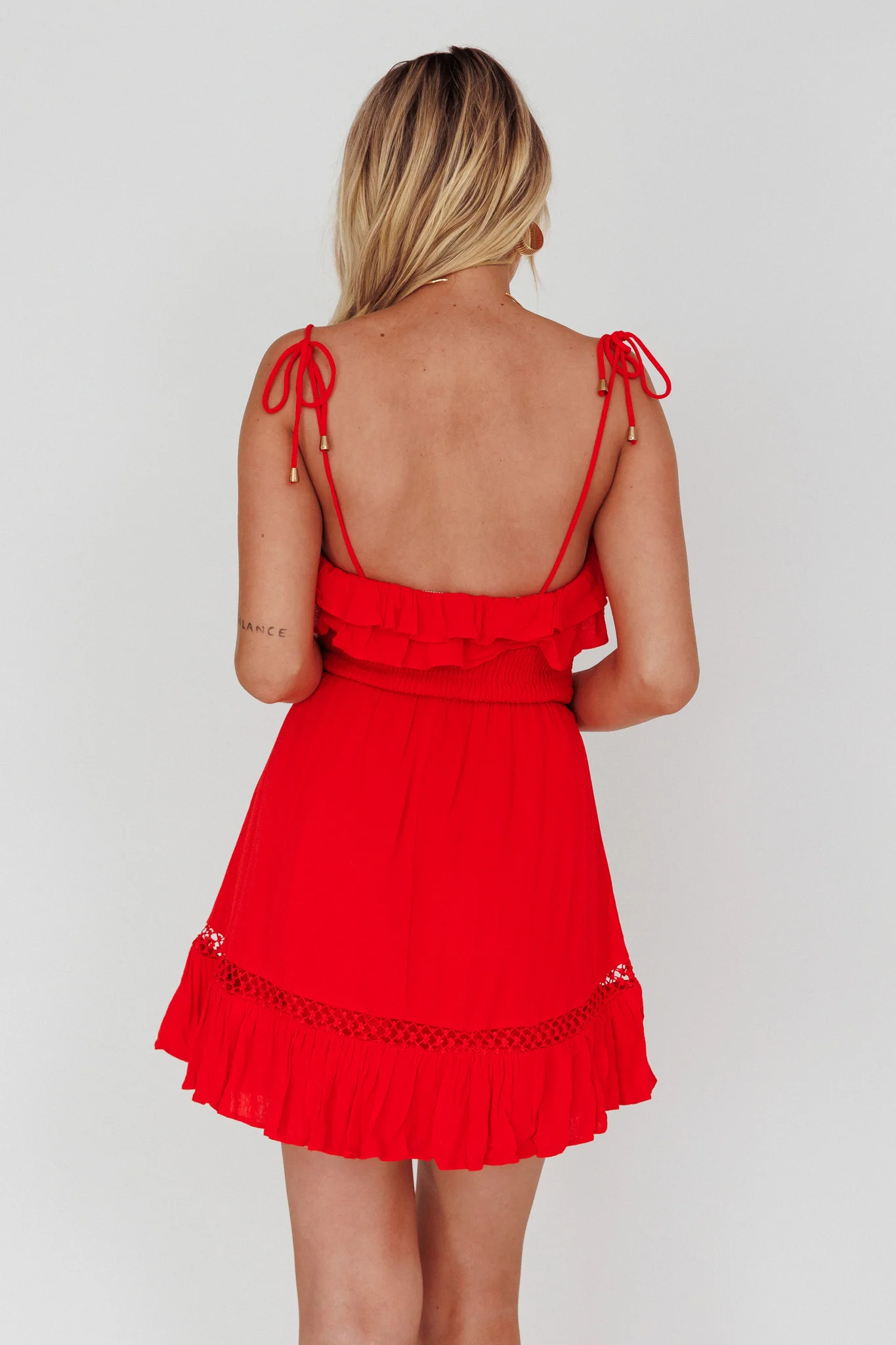Daydream Shirred Bust Frill Trim Mini Dress Red - Seraphlike