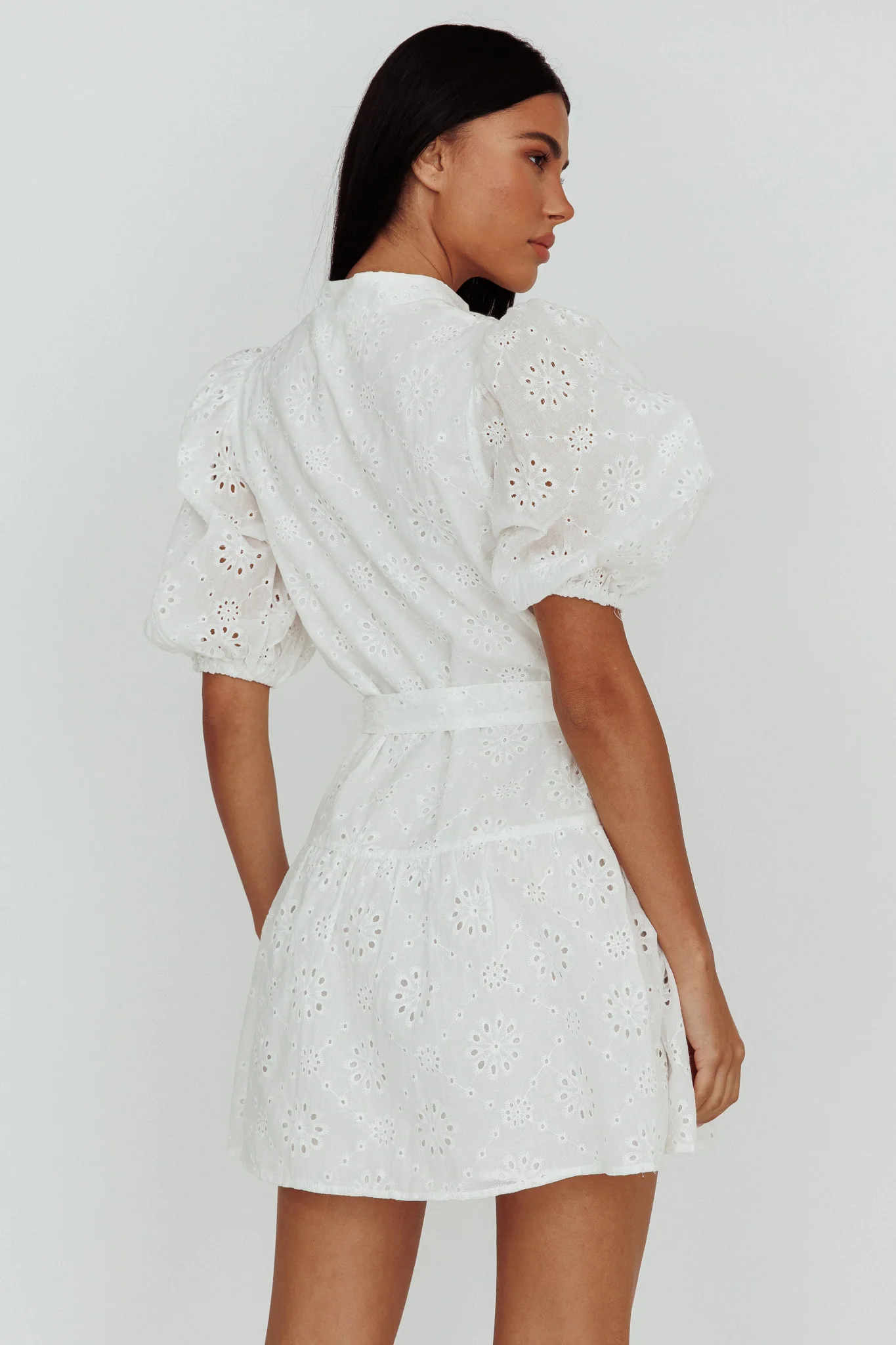 Serita Belted Puff Sleeve Eyelet Mini Dress White - Seraphlike