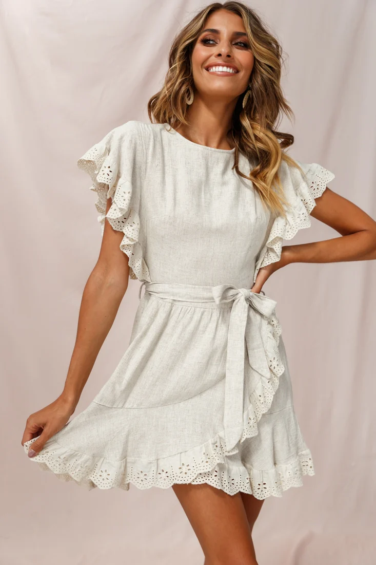 Taya Ruffle Shoulder Waist Tie Dress Beige - Seraphlike