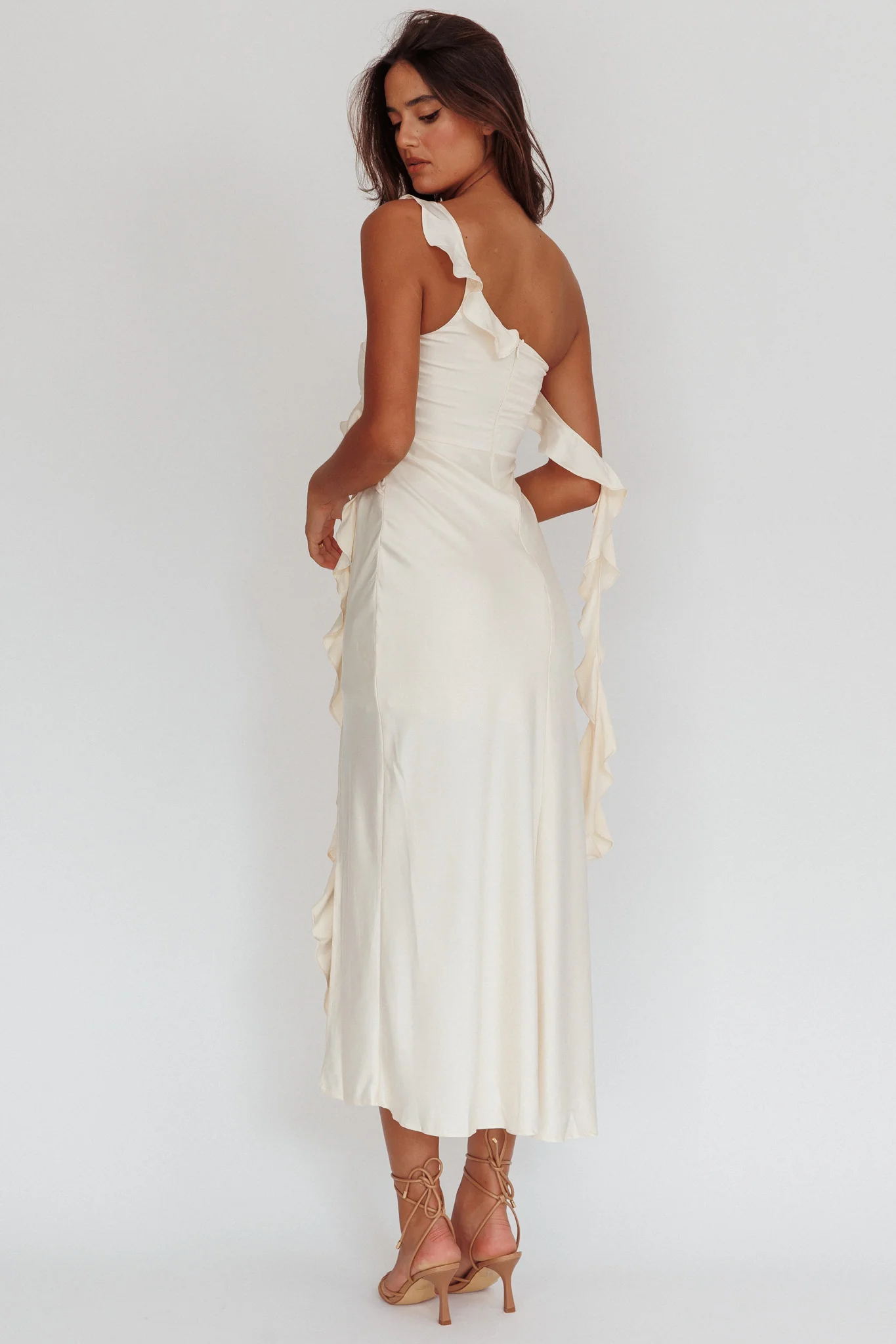 Like Yesterday Satin Ruffle Midi Dress Butter - Seraphlike