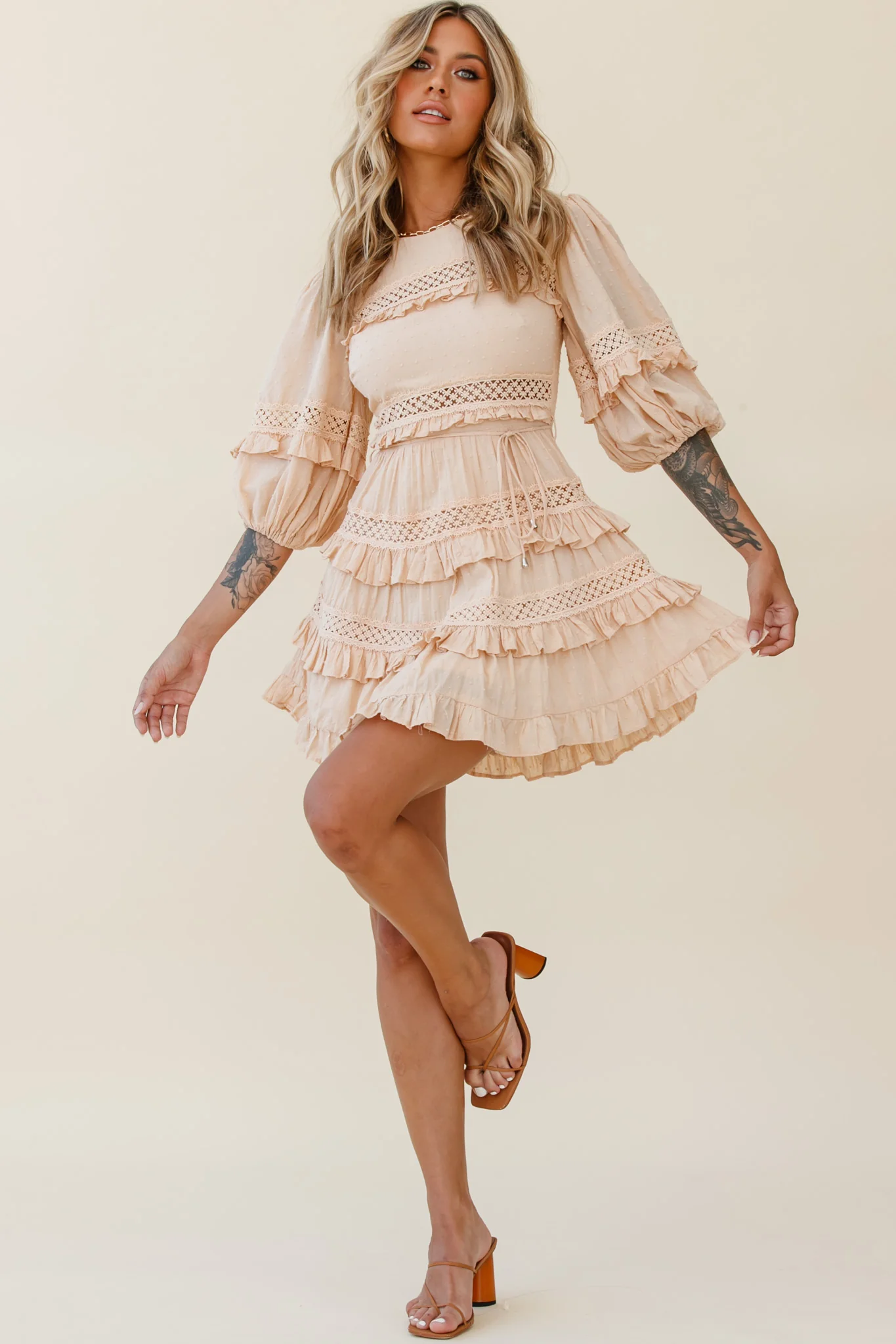Dream About It Puff Sleeve Frill Dress Nude - Seraphlike