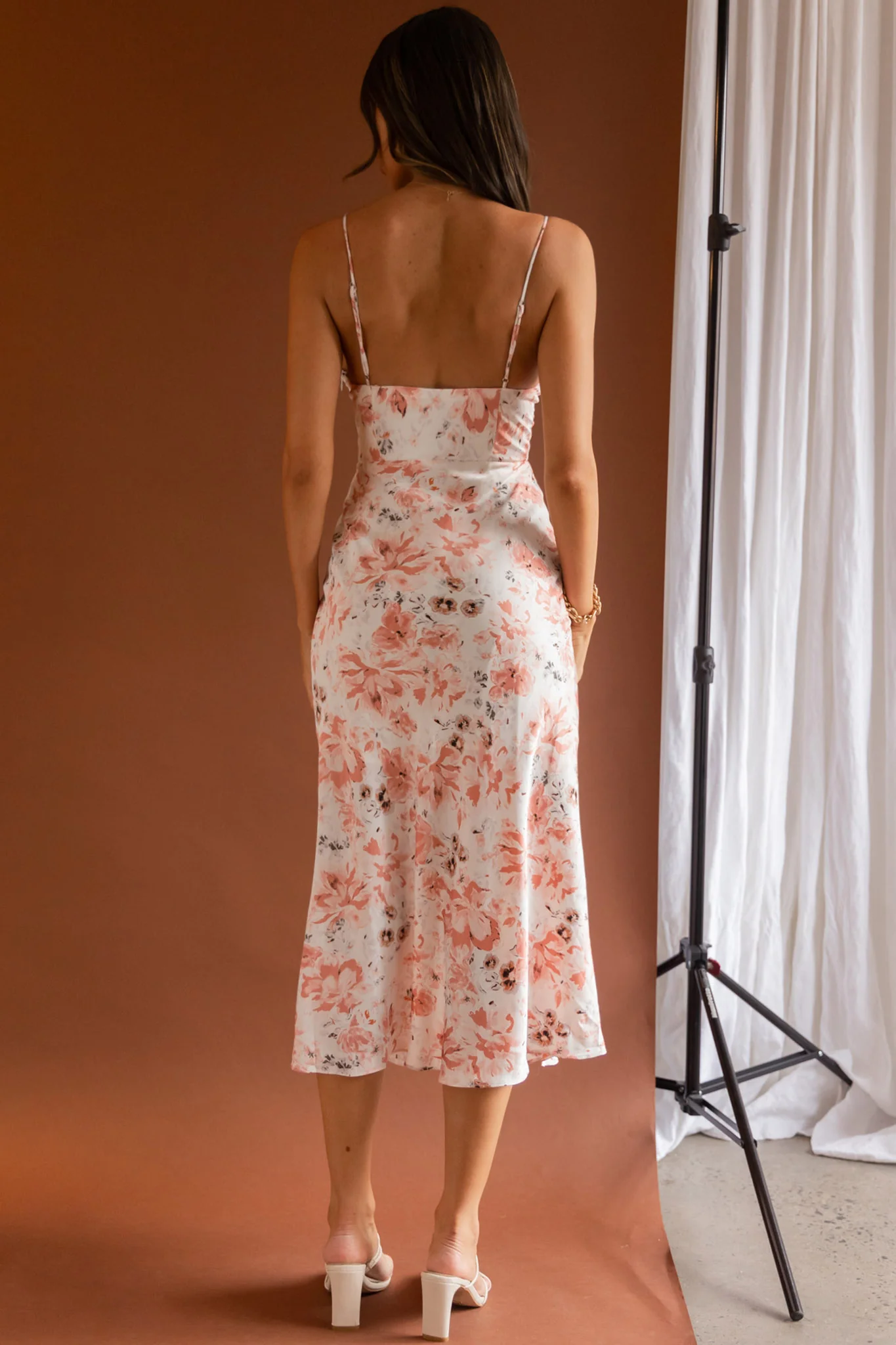 Malibu Gathered Bust Cami Strap Midi Dress Floral Pink - Seraphlike