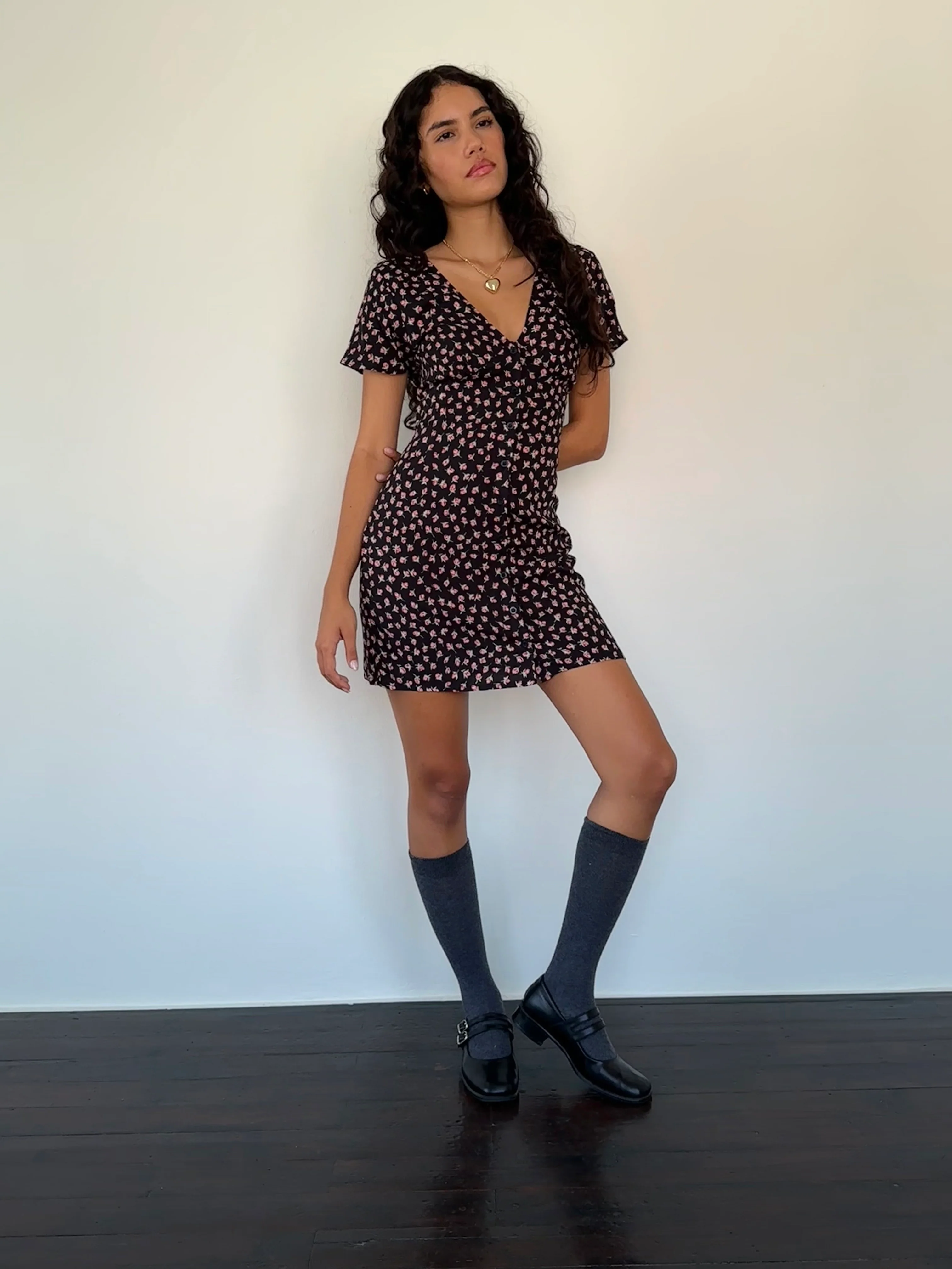 Field Trip Button Front Mini Dress Black Floral - Seraphlike