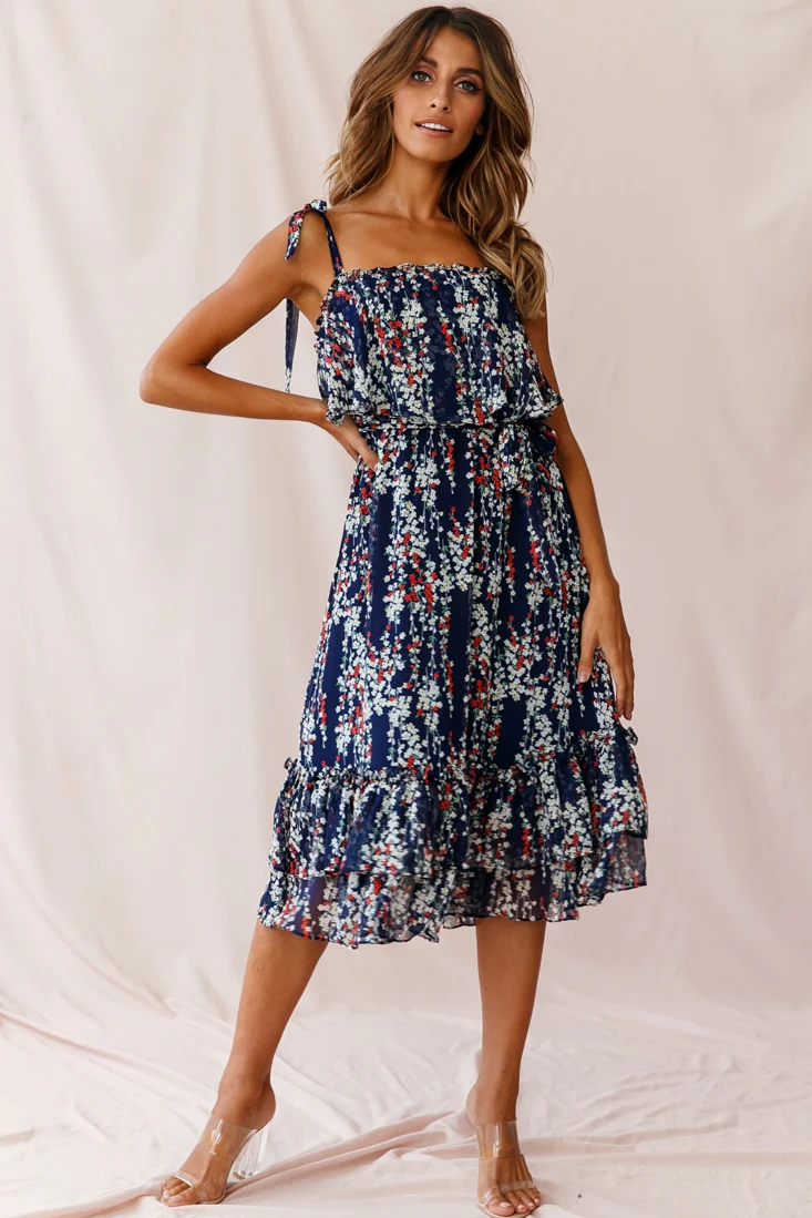 Maeve Shoulder Tie Layered Ruffle Dress Navy - Seraphlike