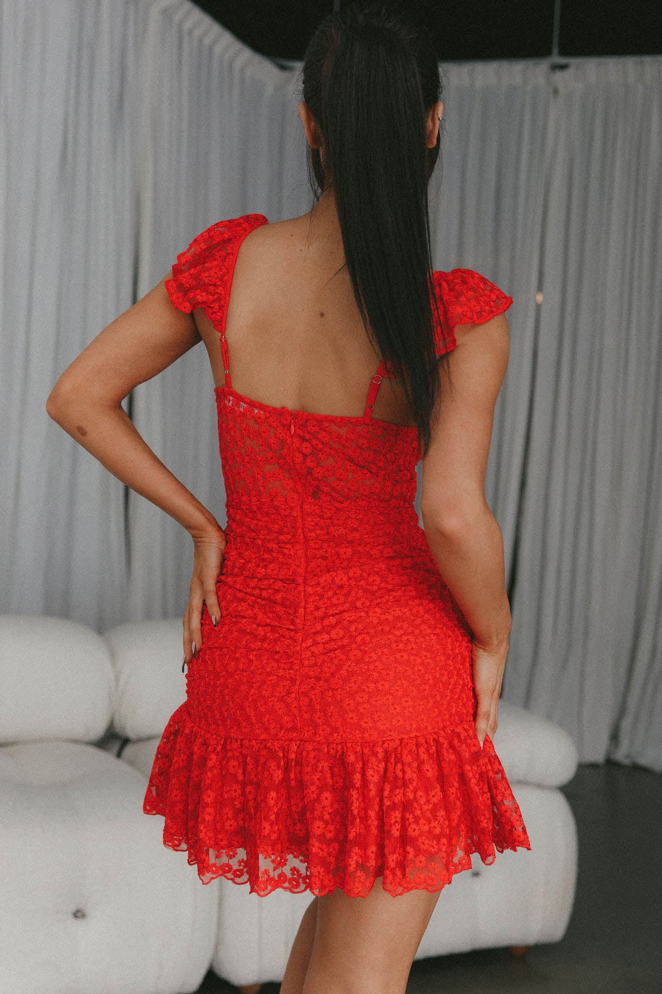 Presley Embroidered Frill Dress Red - Seraphlike