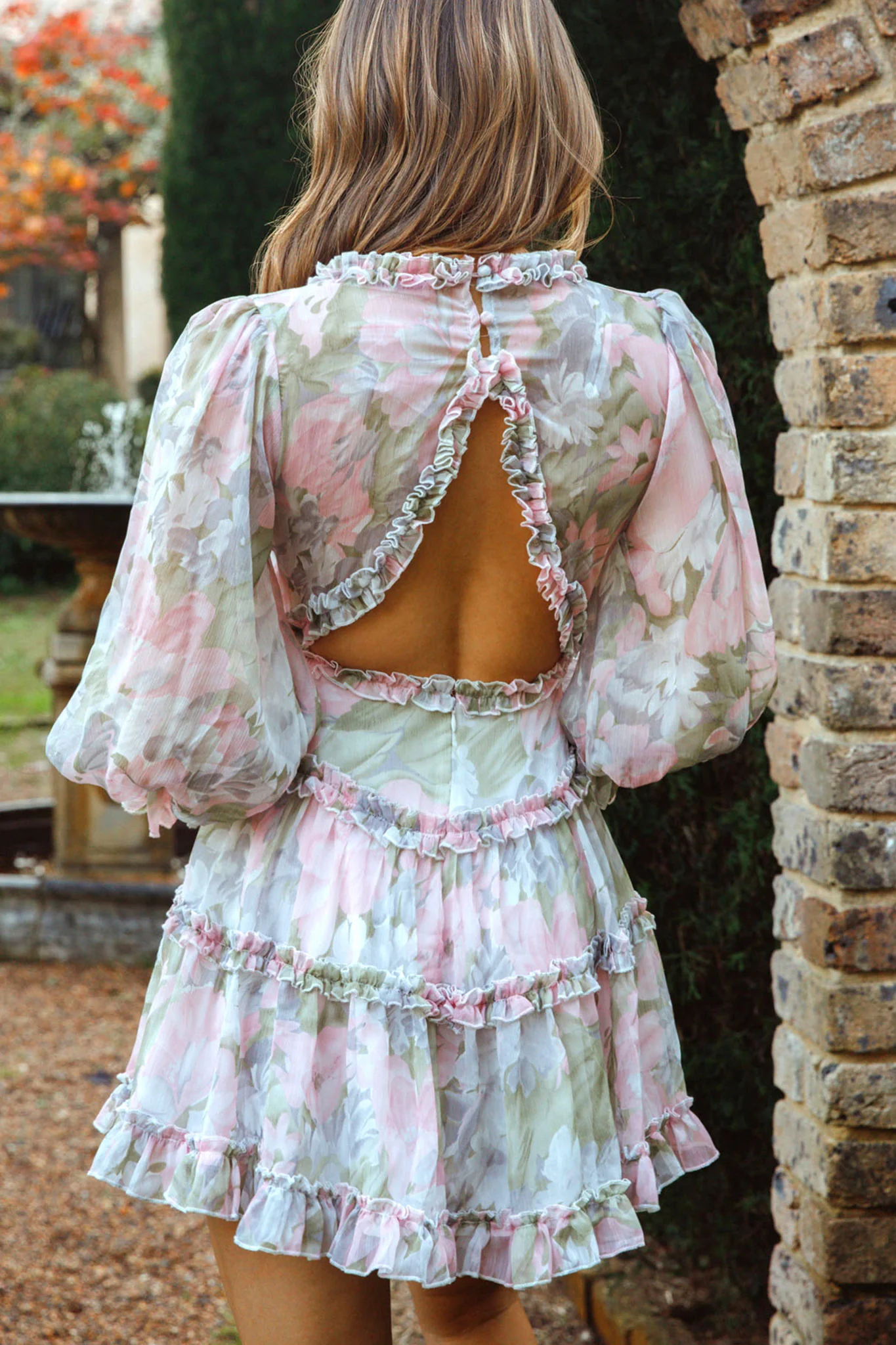 Laney Cutout Back Ruffle Trim Dress Watercolor Floral Print Pink - Seraphlike