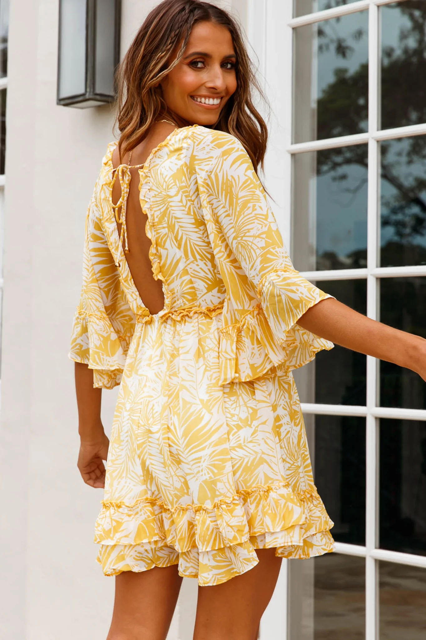 Making Me Blush Bell Sleeve Frill Trim Dress Tropical Print Yellow - Seraphlike