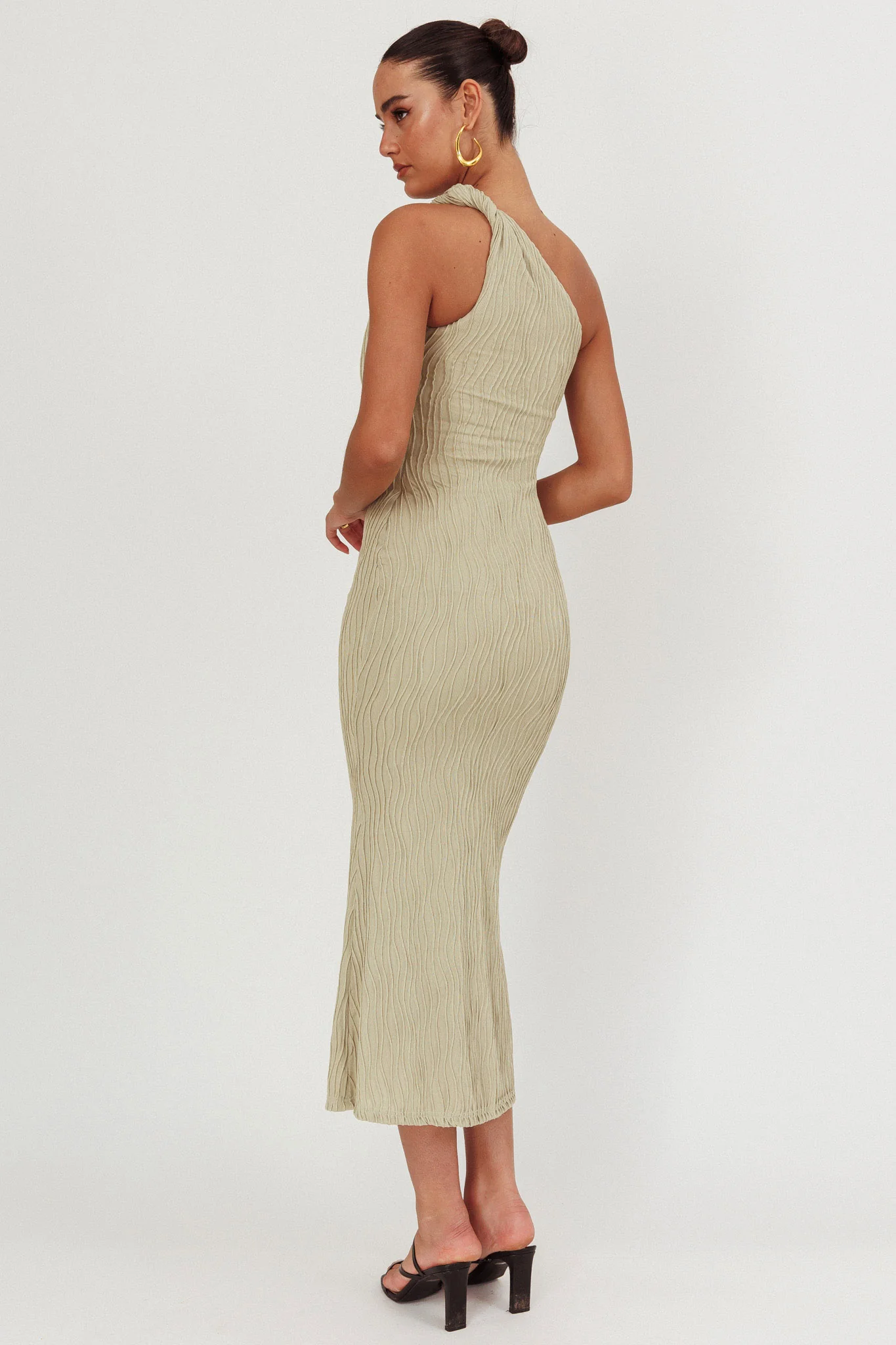 Lingering Love One-Shoulder Twist Midi Dress Sage - Seraphlike