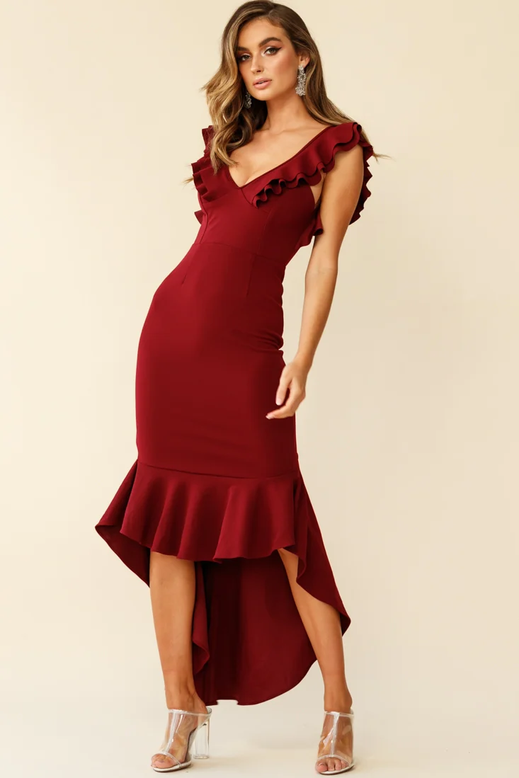 Pearl Ruffle Strap High-Low Hem Dress Plum - Seraphlike