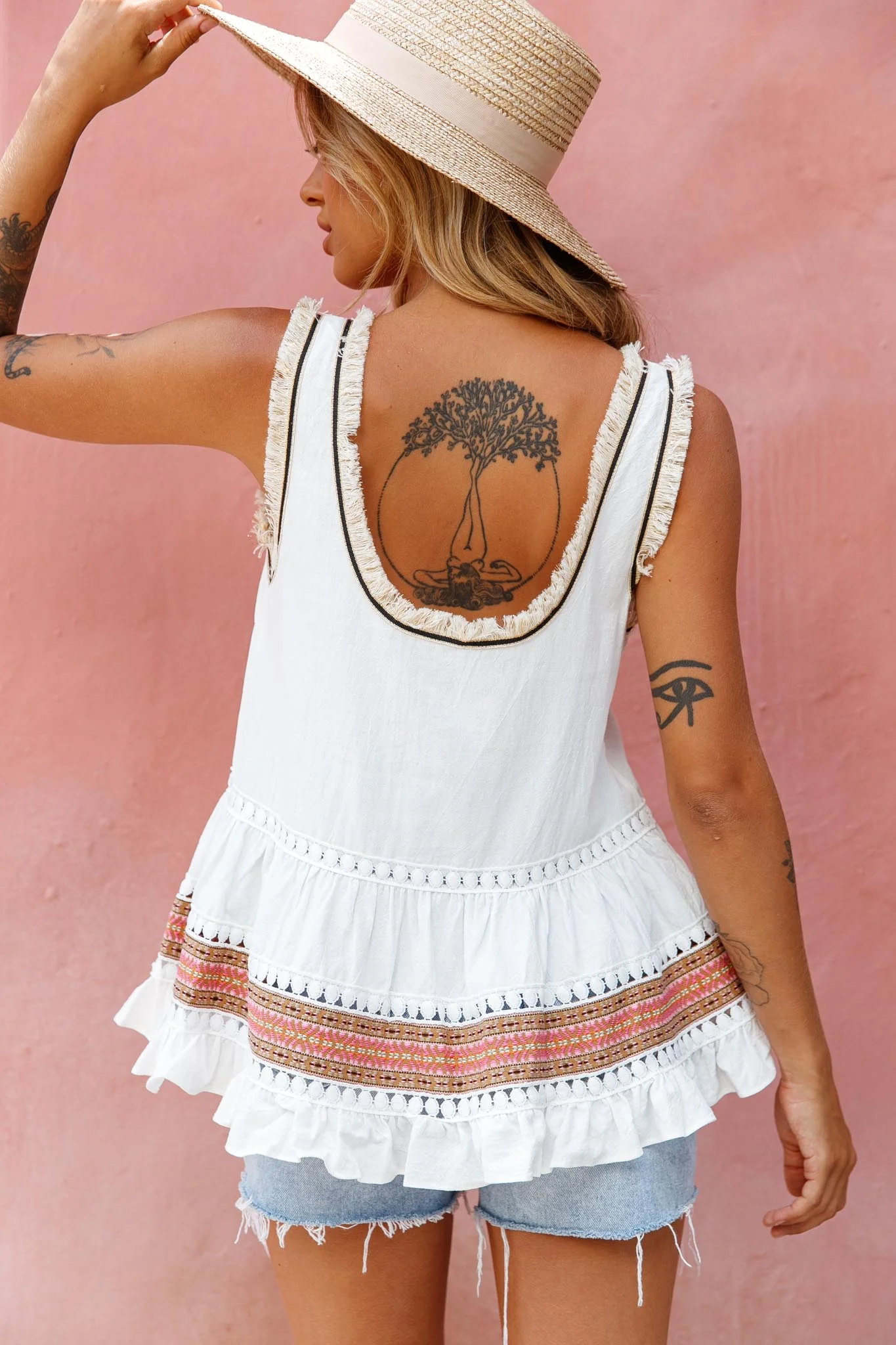 Bali Loose Fit Surplice Neckline Fringe Trim Top White - Seraphlike
