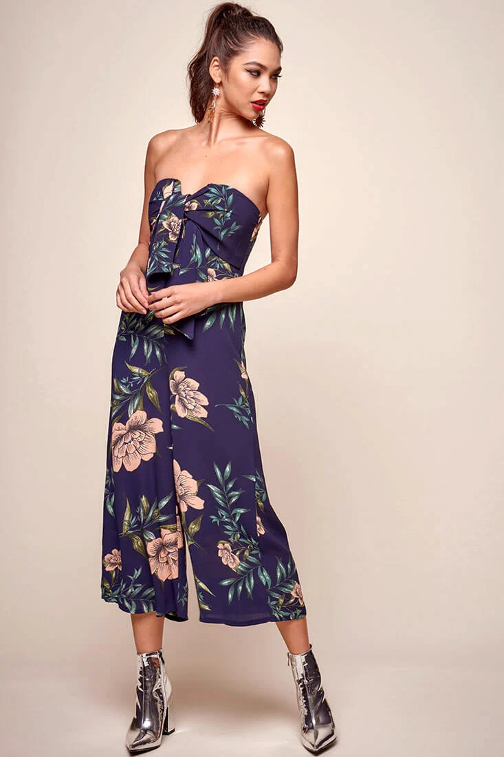 Khloe Floral Bow Tie Jumpsuit Navy - Seraphlike