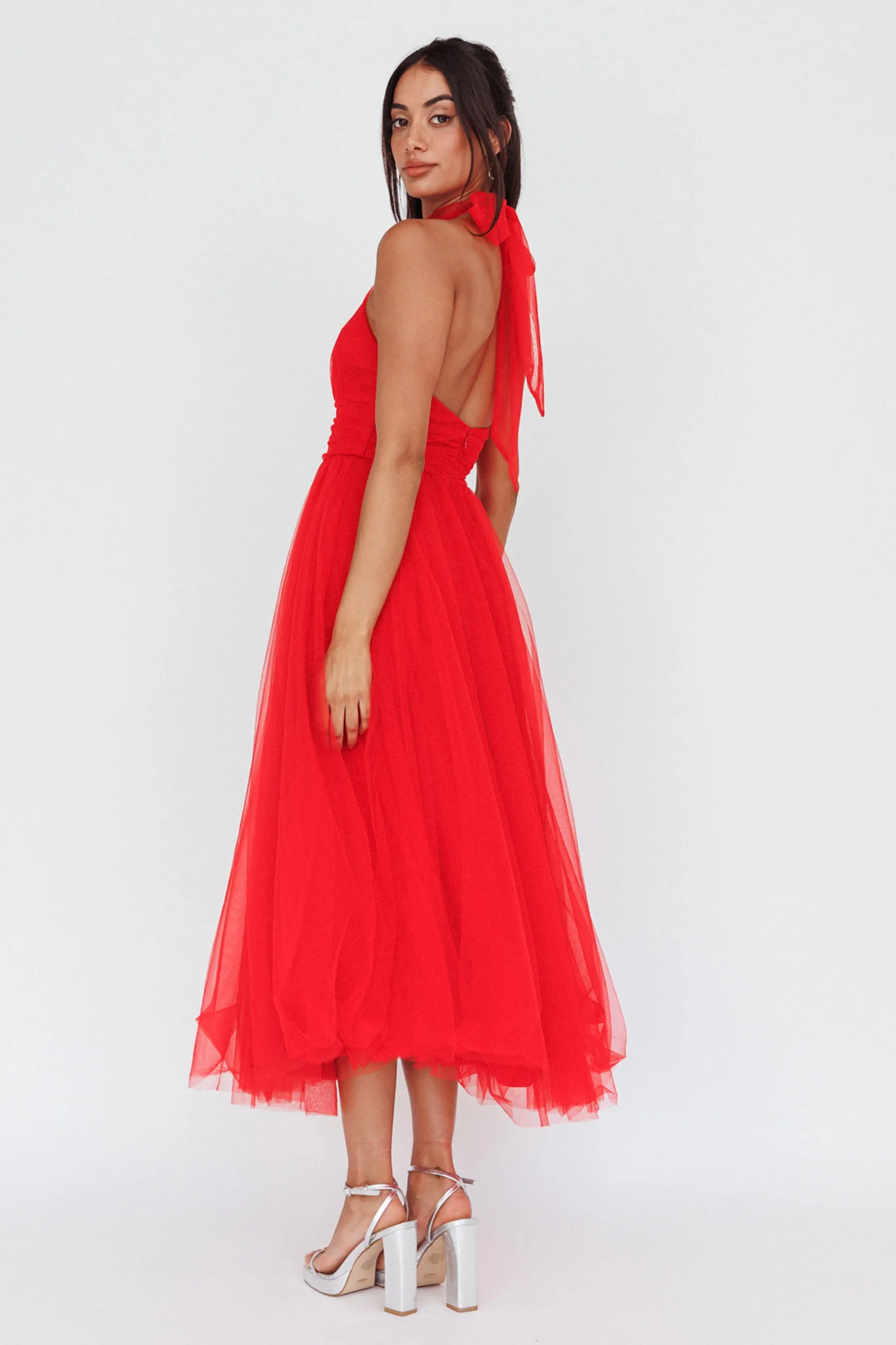 Andria Halterneck Tulle Midi Dress Red - Seraphlike