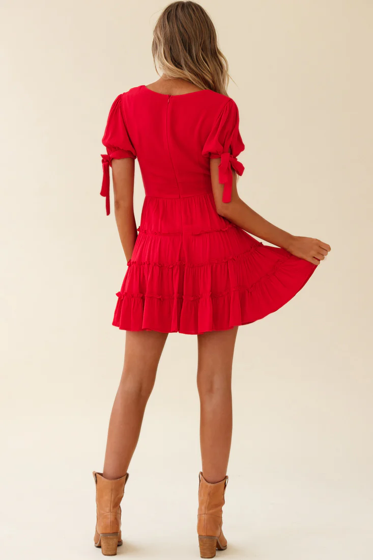 Jocelyn Short Sleeve Tied Cuff Layered Ruffle Dress Red - Seraphlike