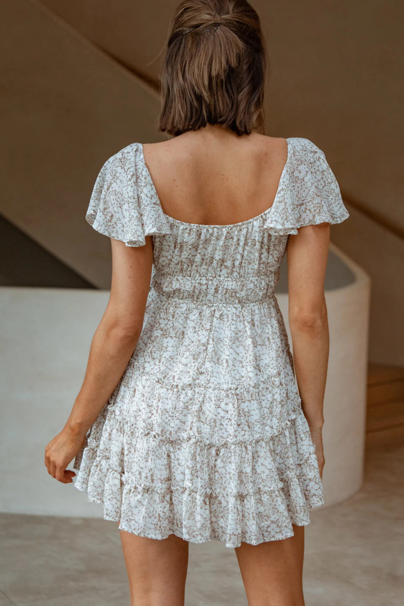 Josephina Lace-Up Front Flutter Sleeve Dress Floral Print Beige - Seraphlike