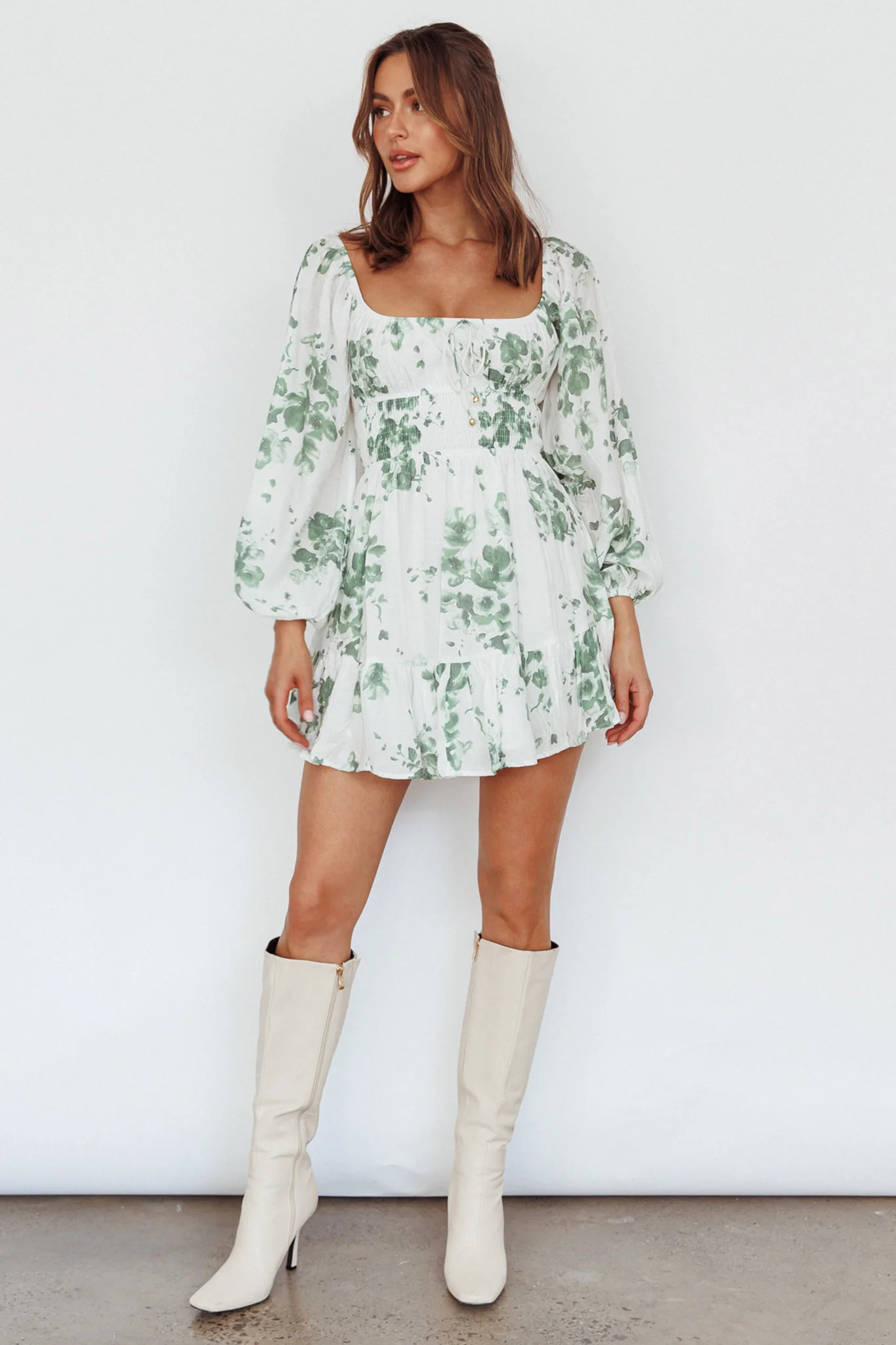 Amilie Shirred Long Sleeve Dress Floral White/Olive - Seraphlike