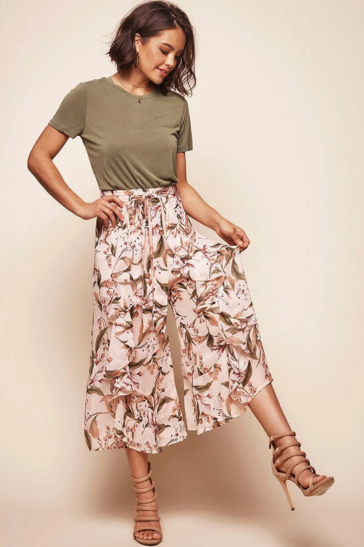 Constance Wide Leg Ruffle Pants Nude Print - Seraphlike