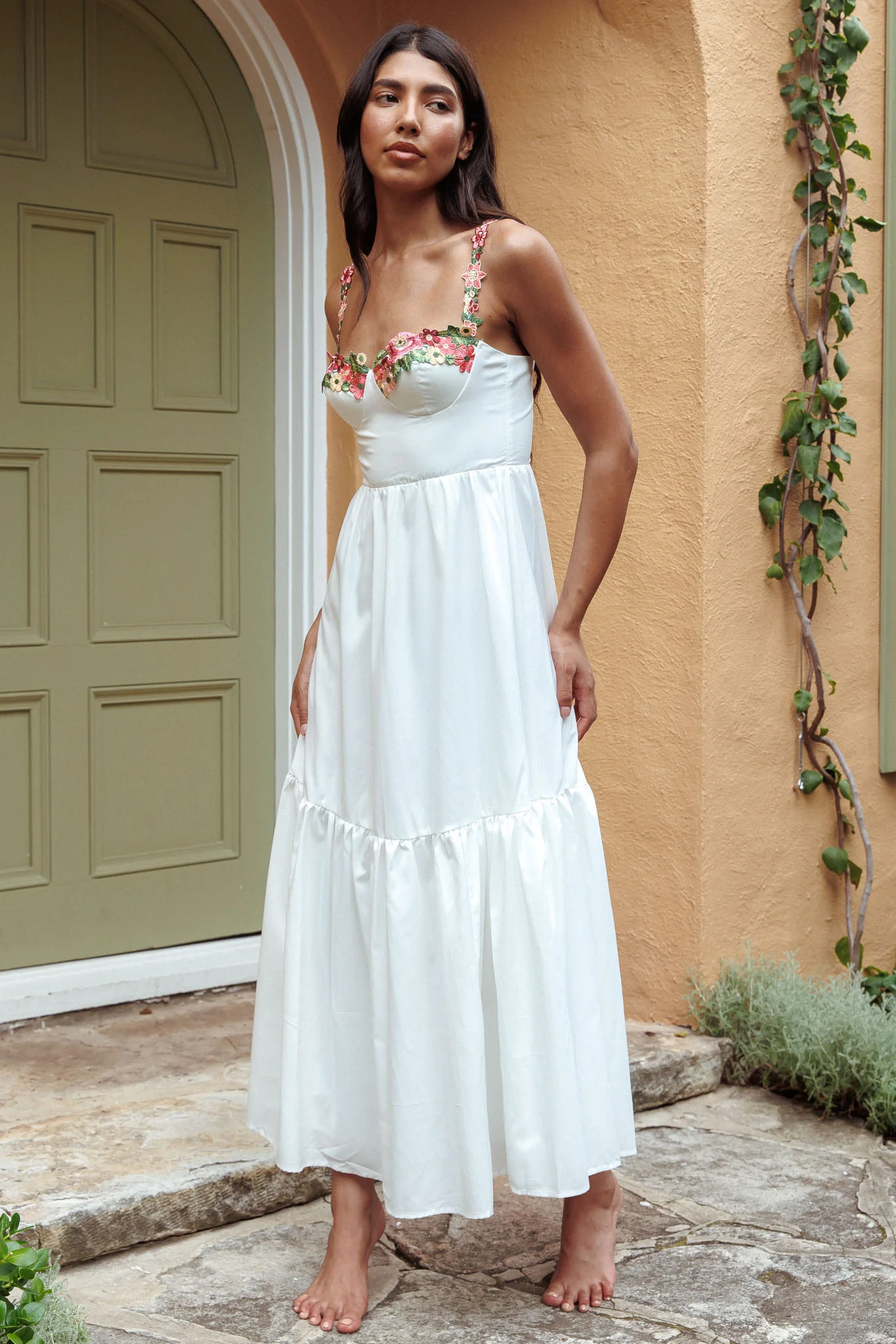 Rose Garden Floral Applique A-Line Midi Dress White - Seraphlike