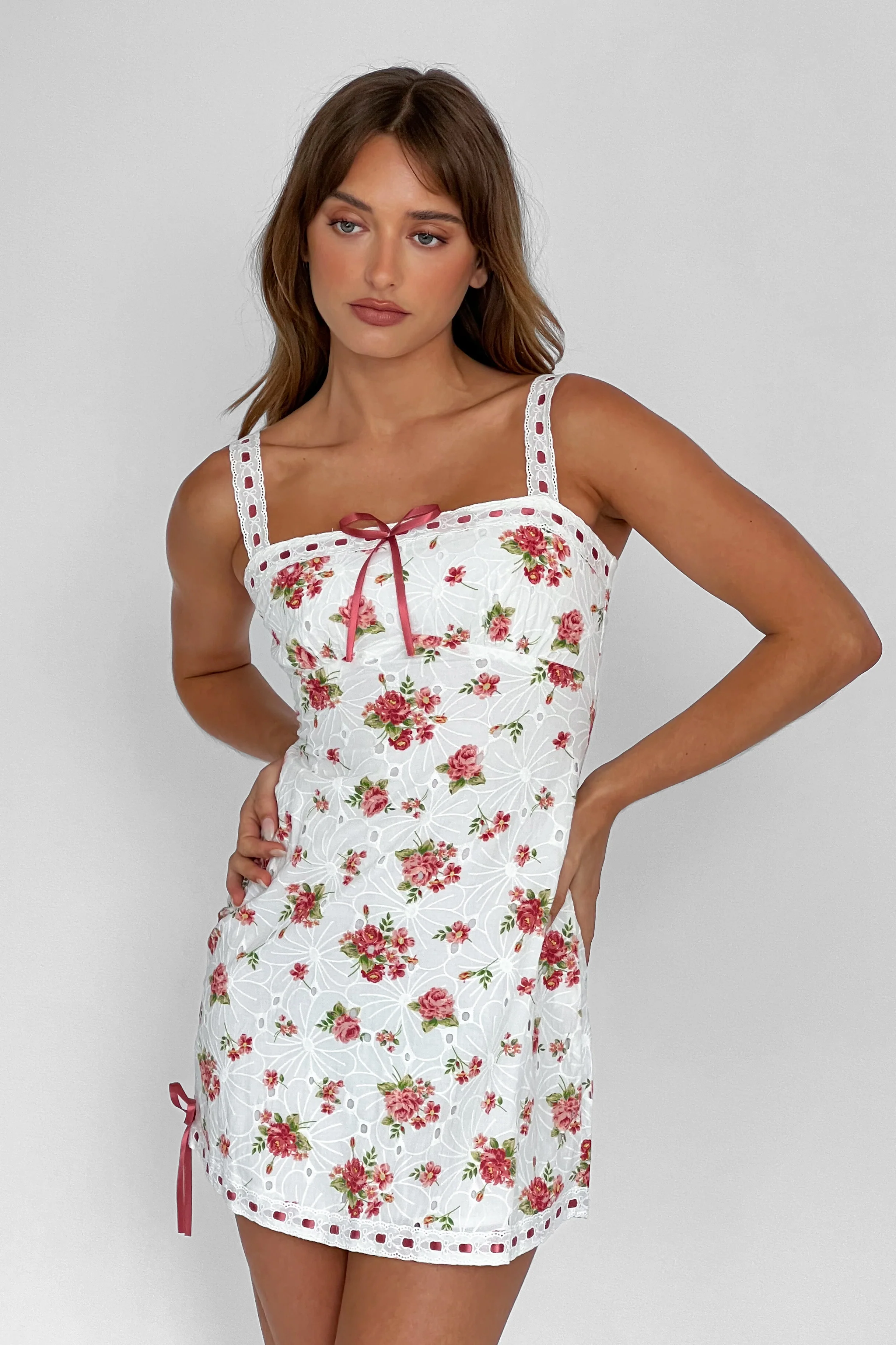 Sunbeam Eyelet Embroidery Bow Mini Dress Floral Pink - Seraphlike
