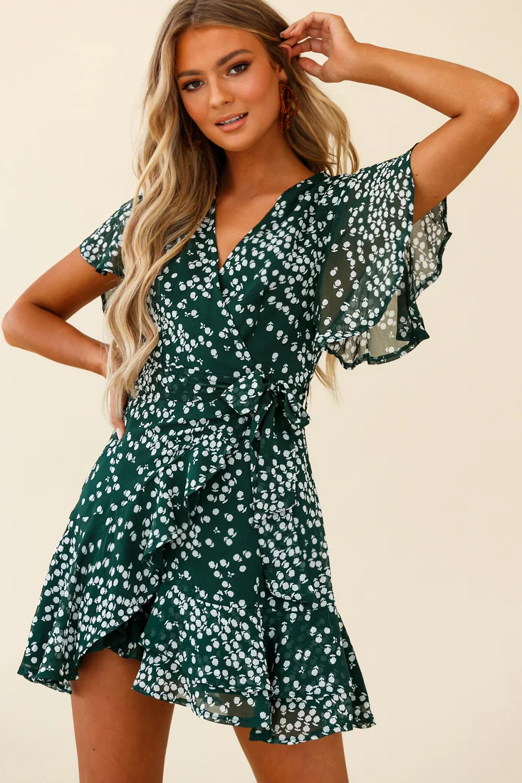 Cami Angel Sleeve Faux Wrap Dress Flower Print Forest Green - Seraphlike