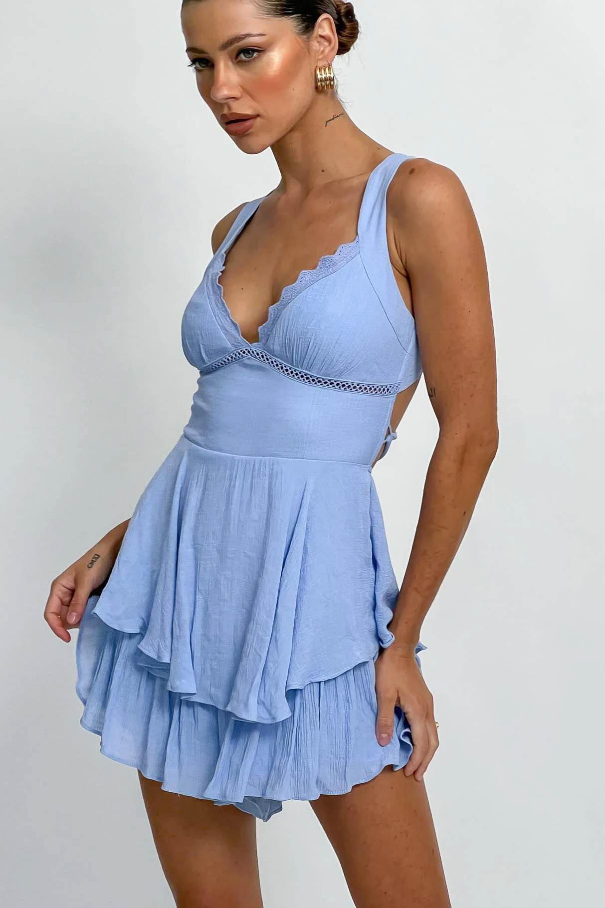 Hard To Catch Lace-Up Back Romper Blue - Seraphlike