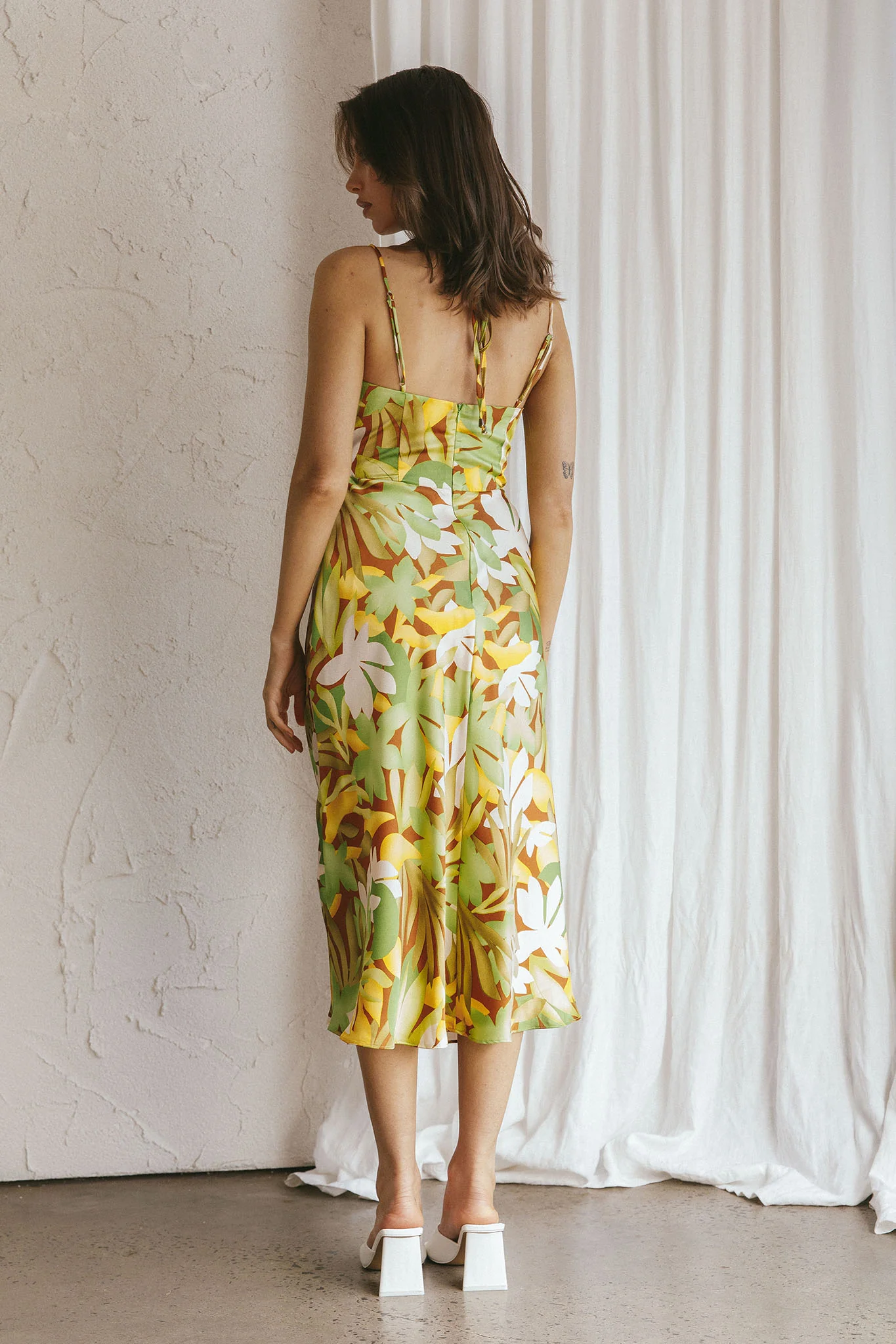 Emmalie Satin Midi Dress Floral Green - Seraphlike