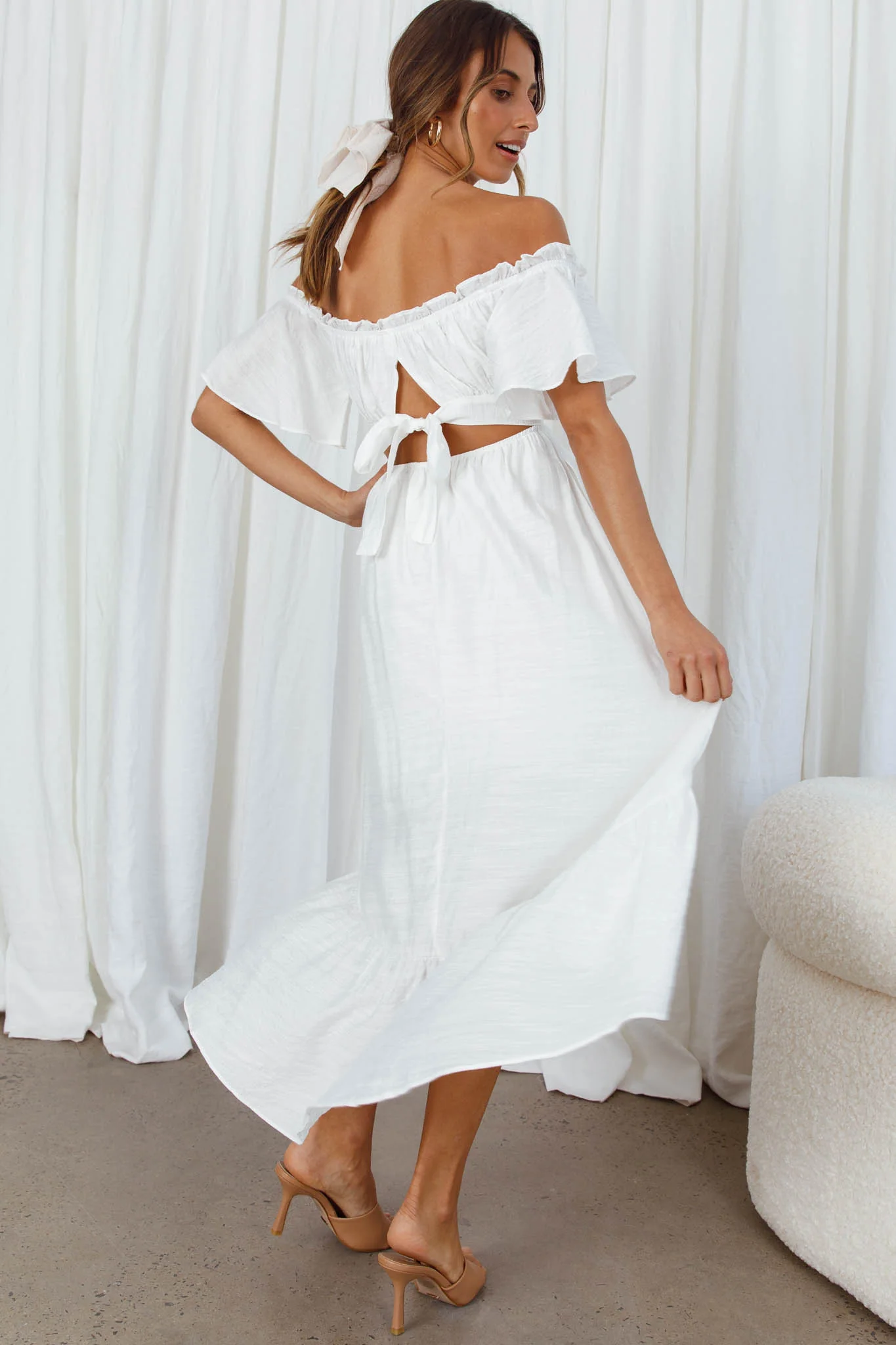 Dandelion Off-Shoulder Tied Back Midi Dress White - Seraphlike