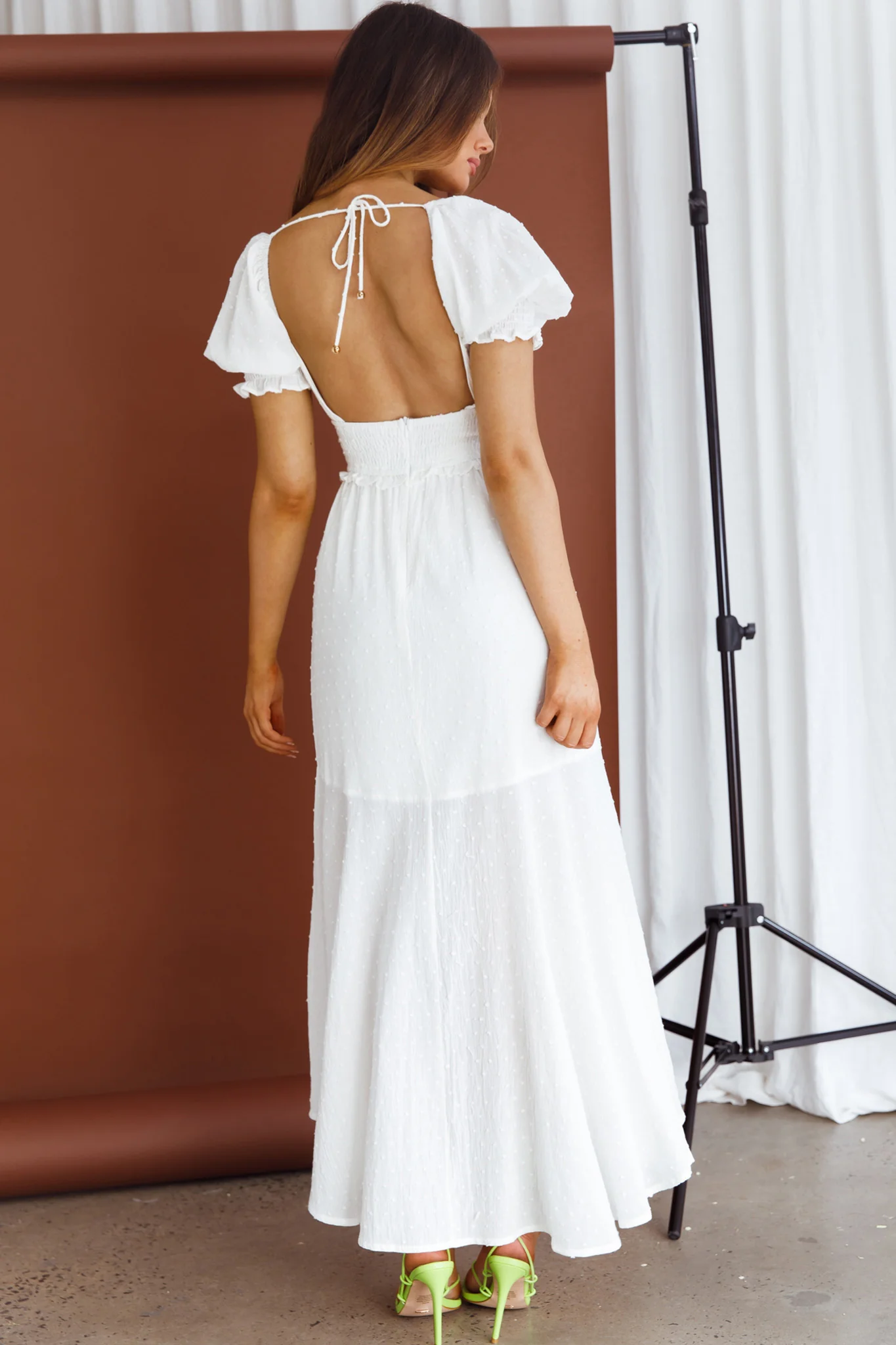 Summer In Paris Puff Sleeve Shirred Midi Dress White - Seraphlike