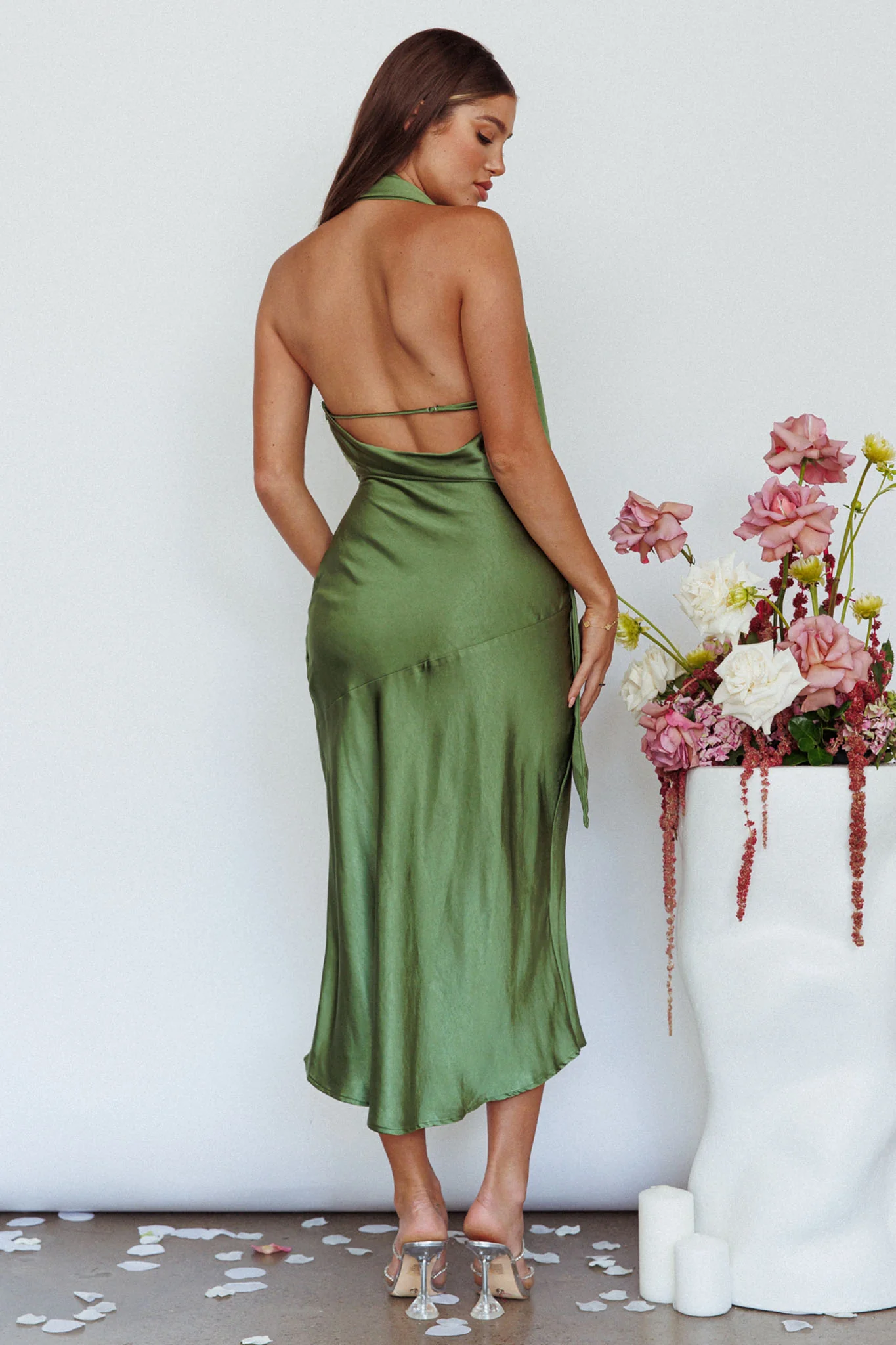 Italian Summer Tie Neck Midi Dress Olive - Seraphlike