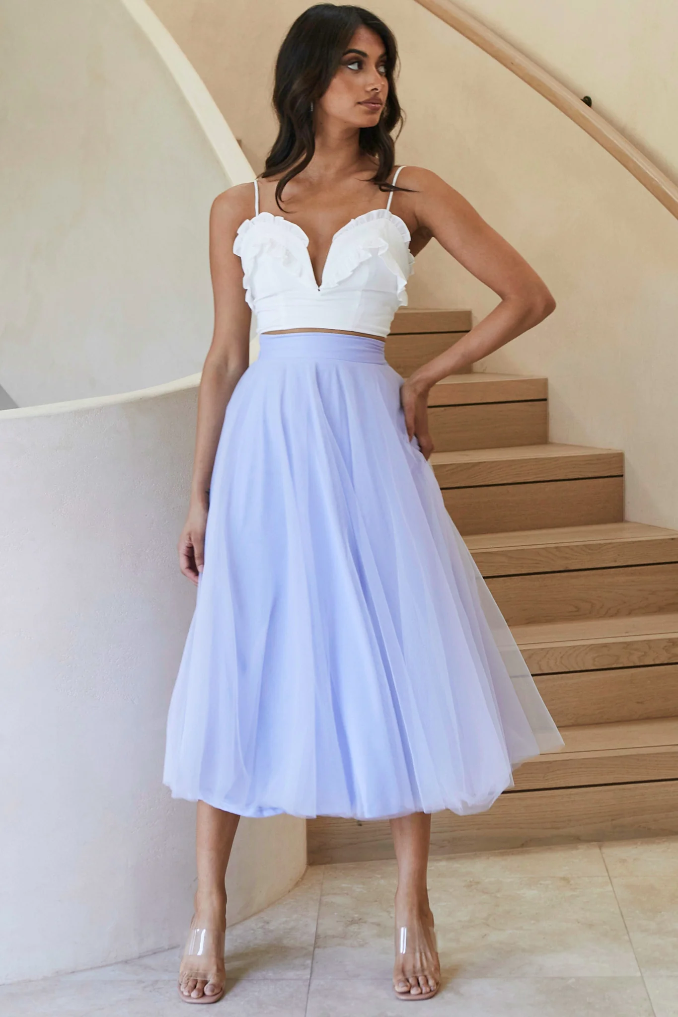 Jasmine Organza Mesh Elasticated Waist Midi Skirt Lavender - Seraphlike