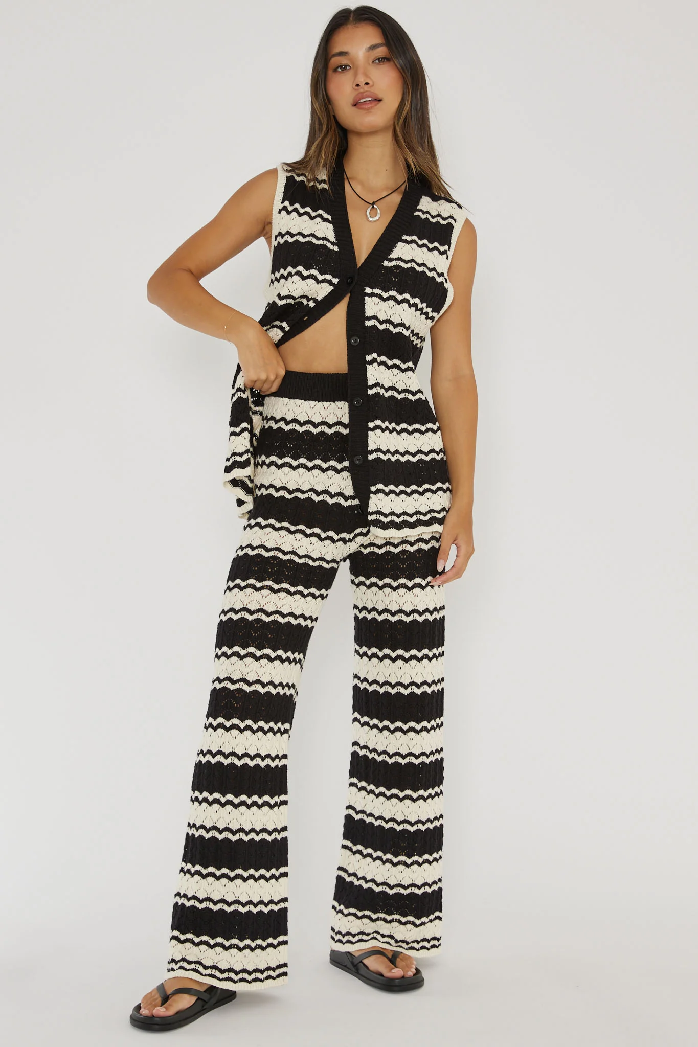 Maysah Elastic Waist Crochet Pants Black/White - Seraphlike