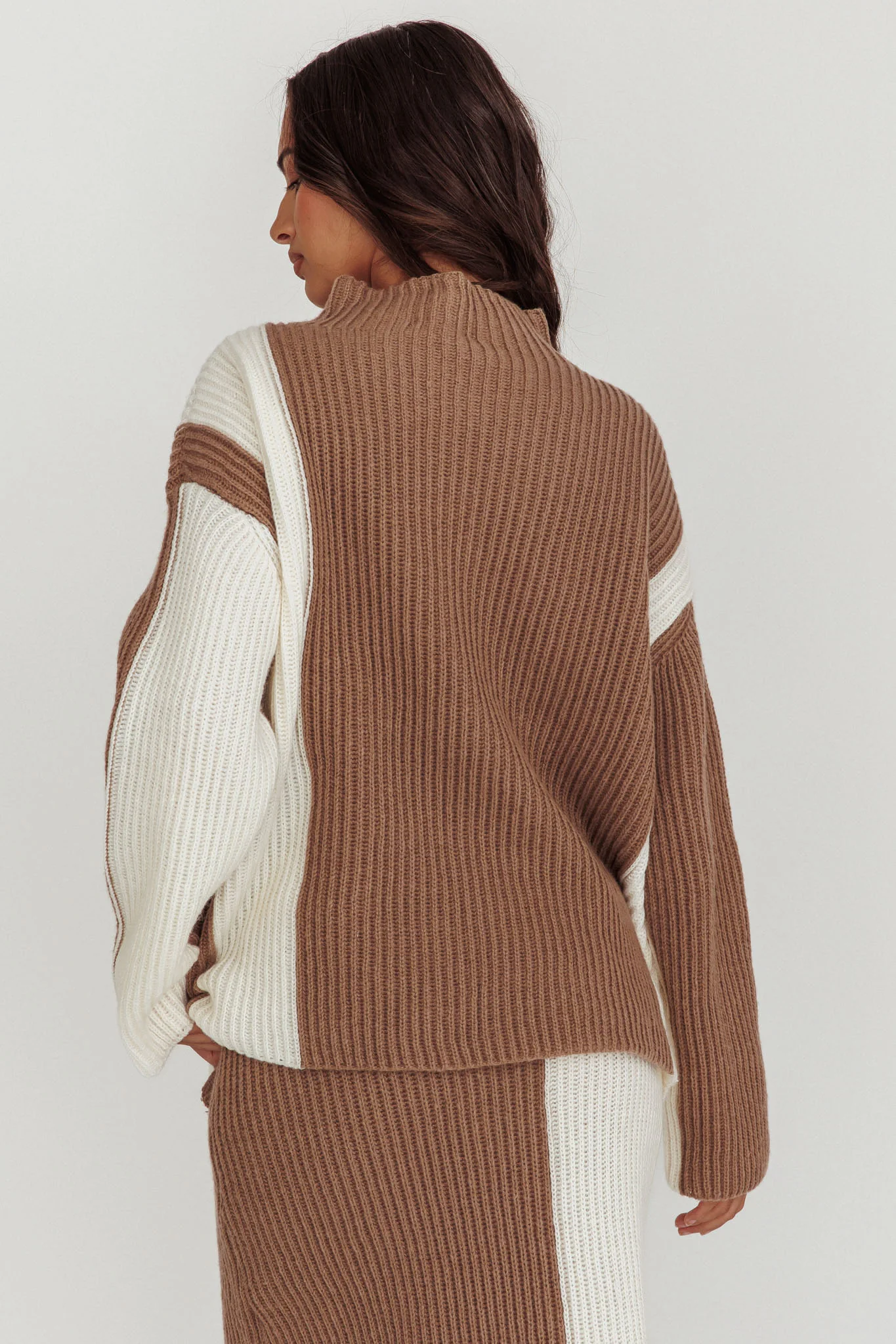 Eos Ribbed Mock Neck Knit Jumper Mocha Cream - Seraphlike