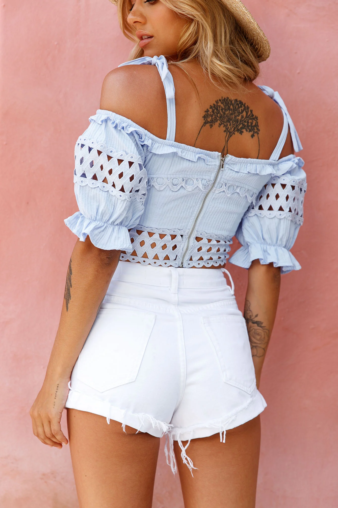 Danella Puff Sleeve Tied Shoulder Crop Top Steel Blue - Seraphlike