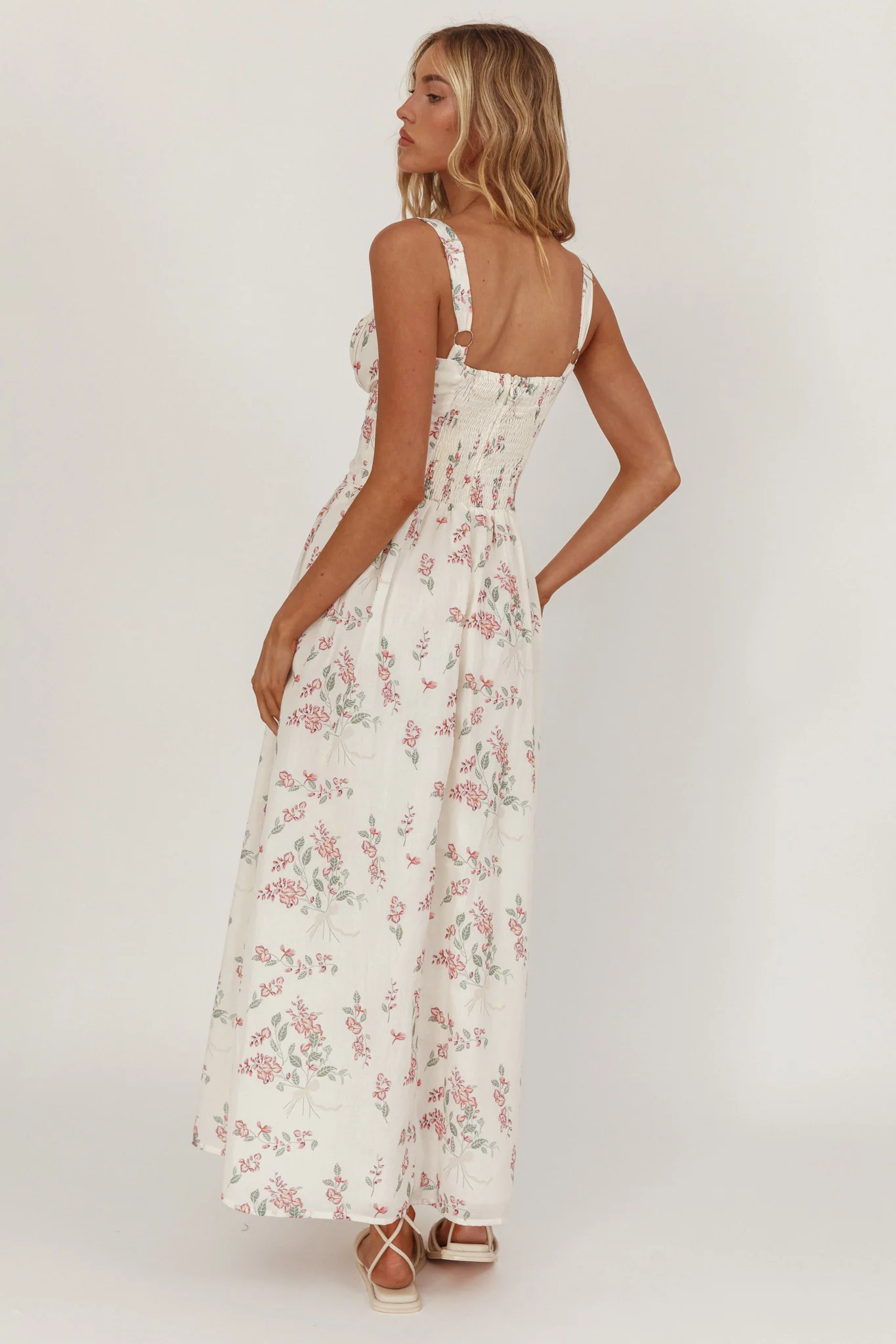 Seen The Light Tie Bust Maxi Dress Floral Cream/Pink - Seraphlike