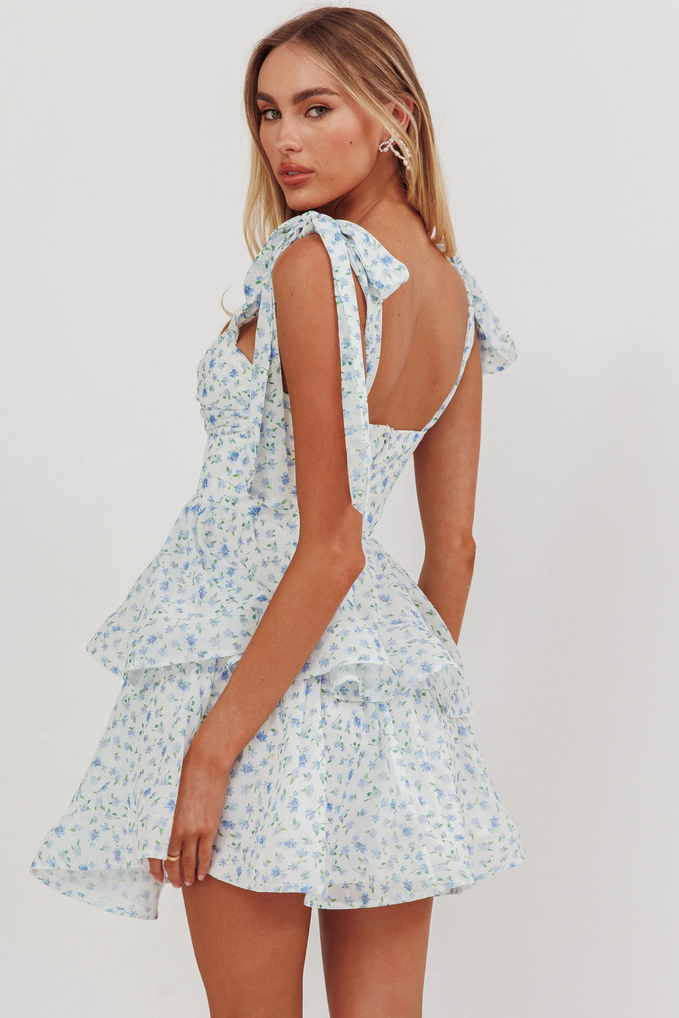 Oliana Tied Shoulder Tiered Mini Dress Floral Blue - Seraphlike