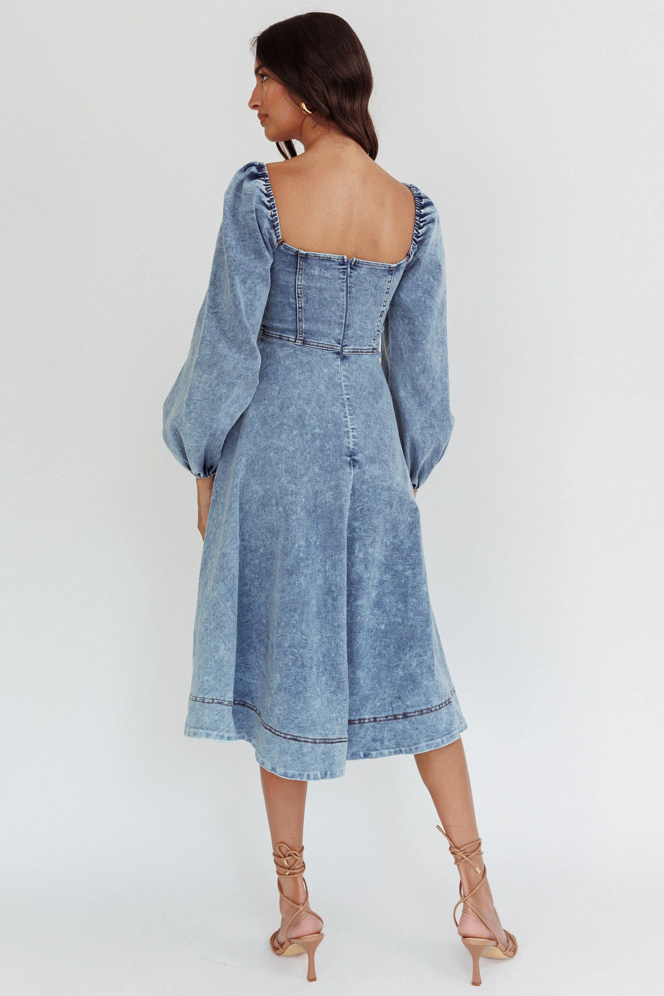 Jeanie Long Sleeve Midi Dress Denim Blue - Seraphlike