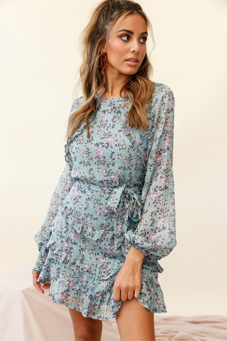Dusk Long Sleeve Waist Tie Frill Dress Floral Print Midnight Blue - Seraphlike