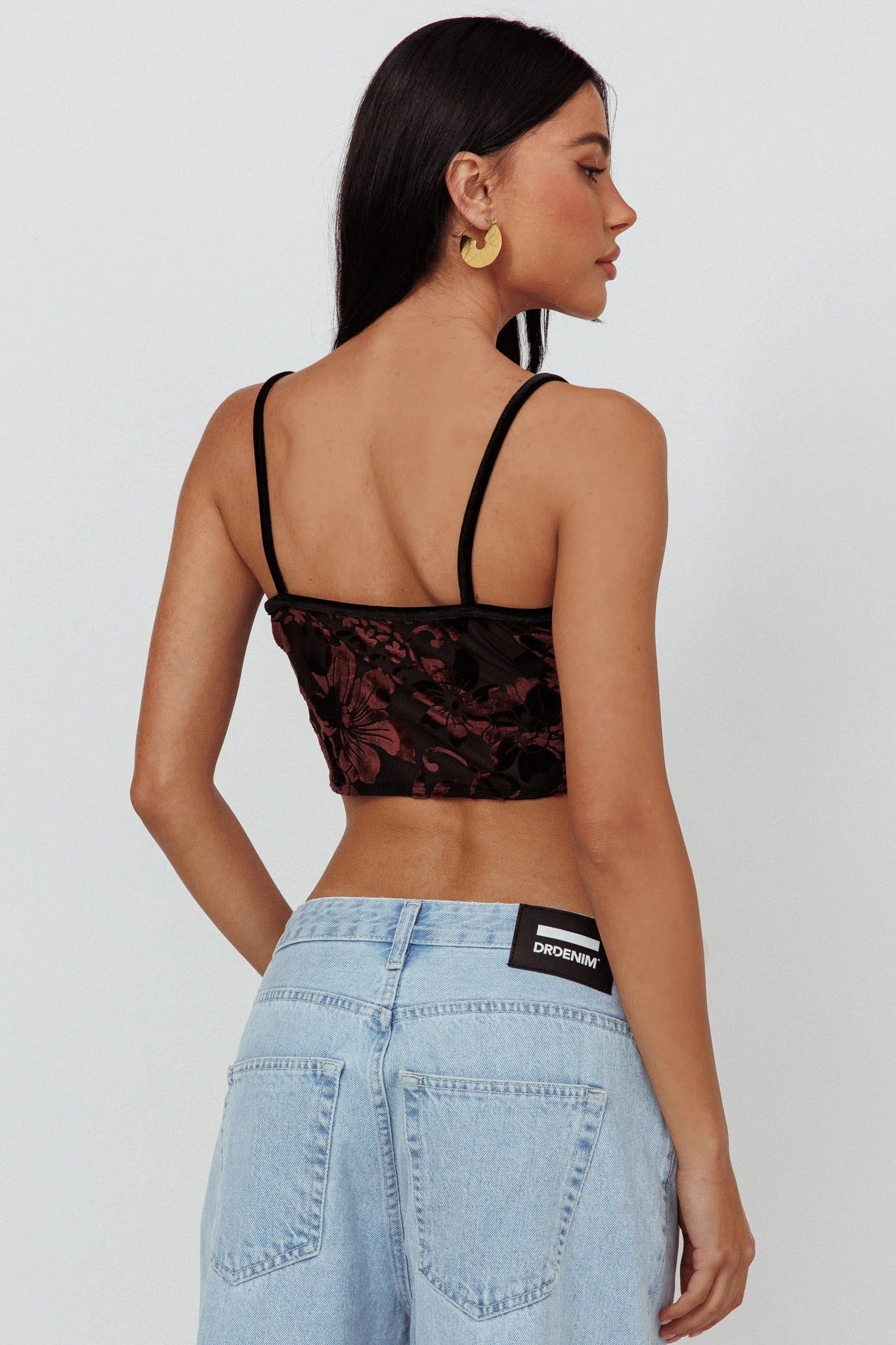 Caught Feelings Floral Velour Crop Top Black/Brown - Seraphlike