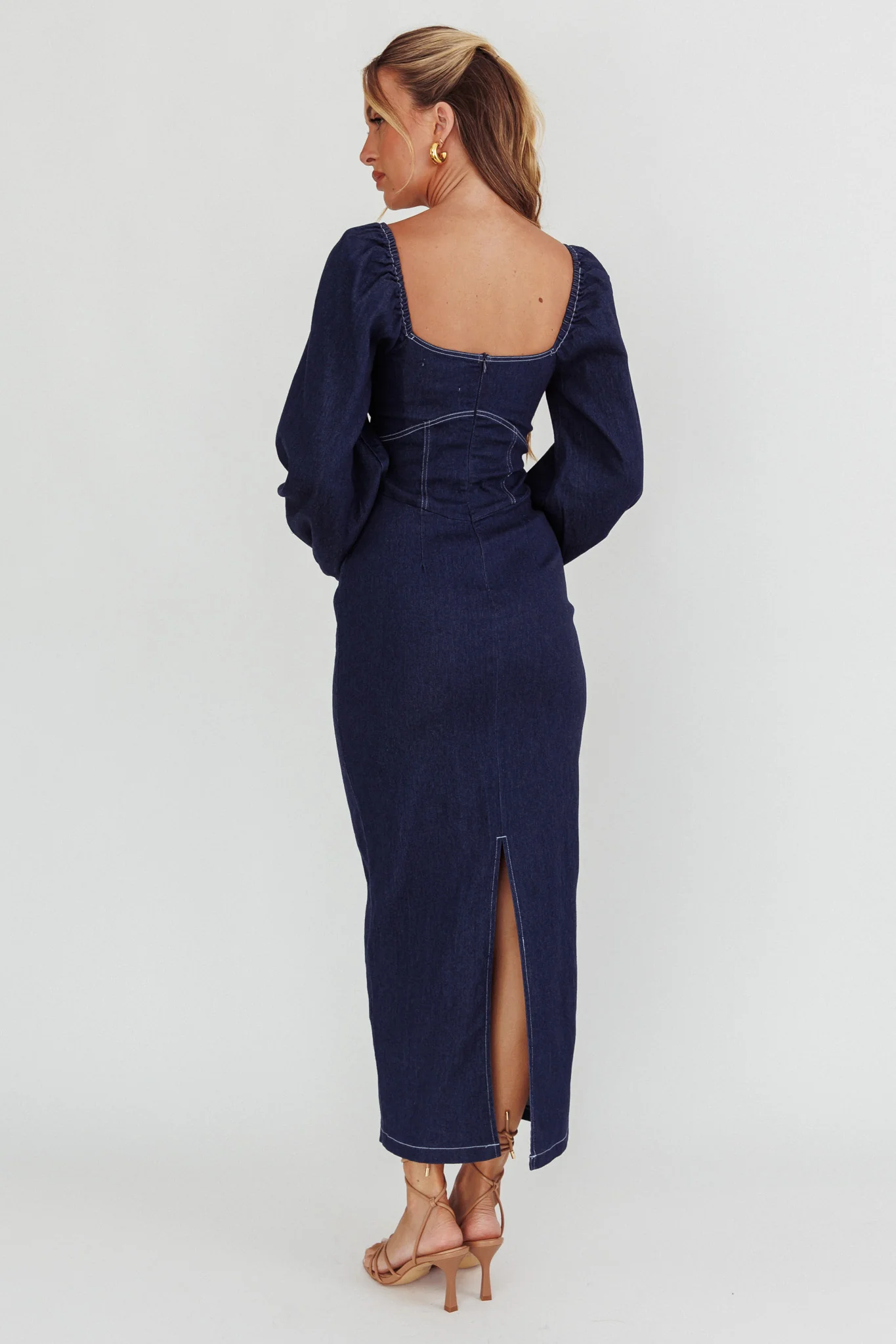 Bay Side Long Sleeve Denim Midi Dress Indigo - Seraphlike