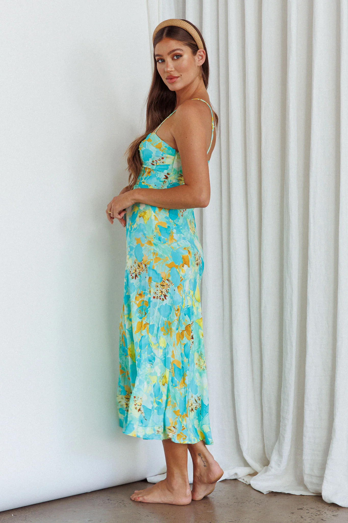 Golden Sands Cami Strap Maxi Dress Floral Teal - Seraphlike