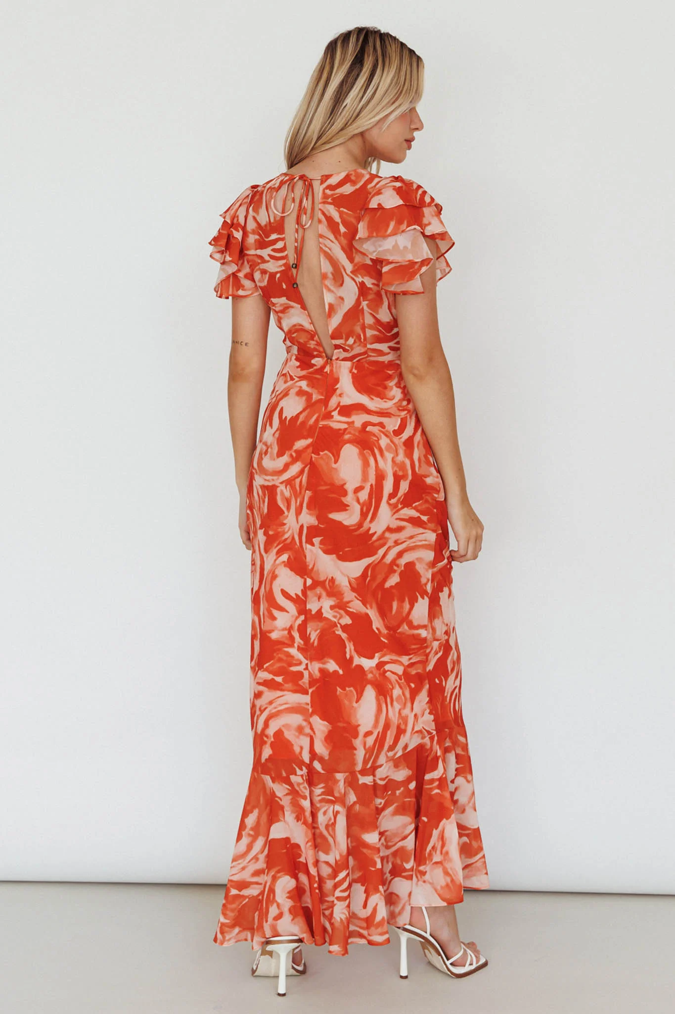 Lydiah Ruffle Sleeve Maxi Dress Floral Orange - Seraphlike