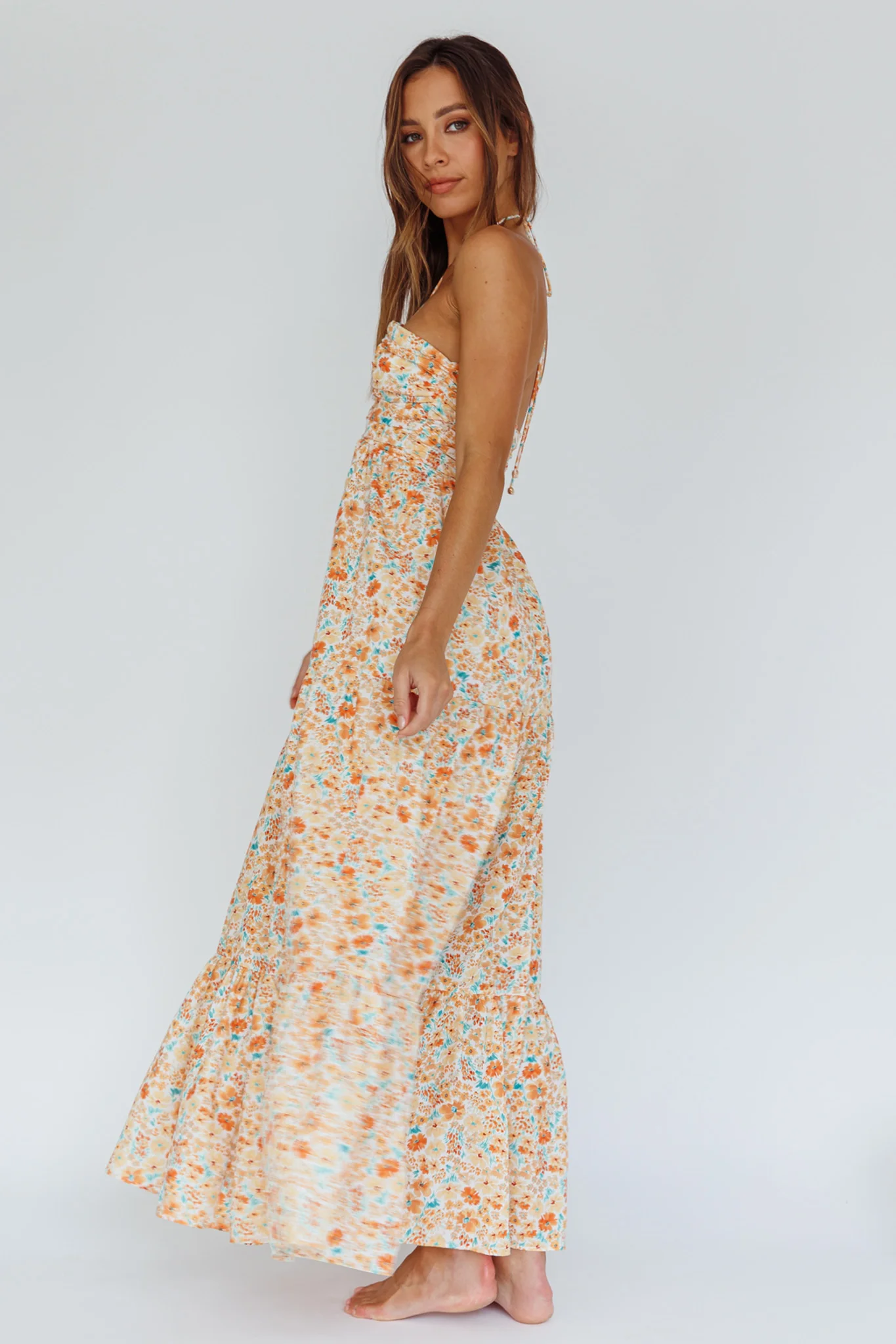 Asiah Halterneck Maxi Dress Flowers Orange - Seraphlike