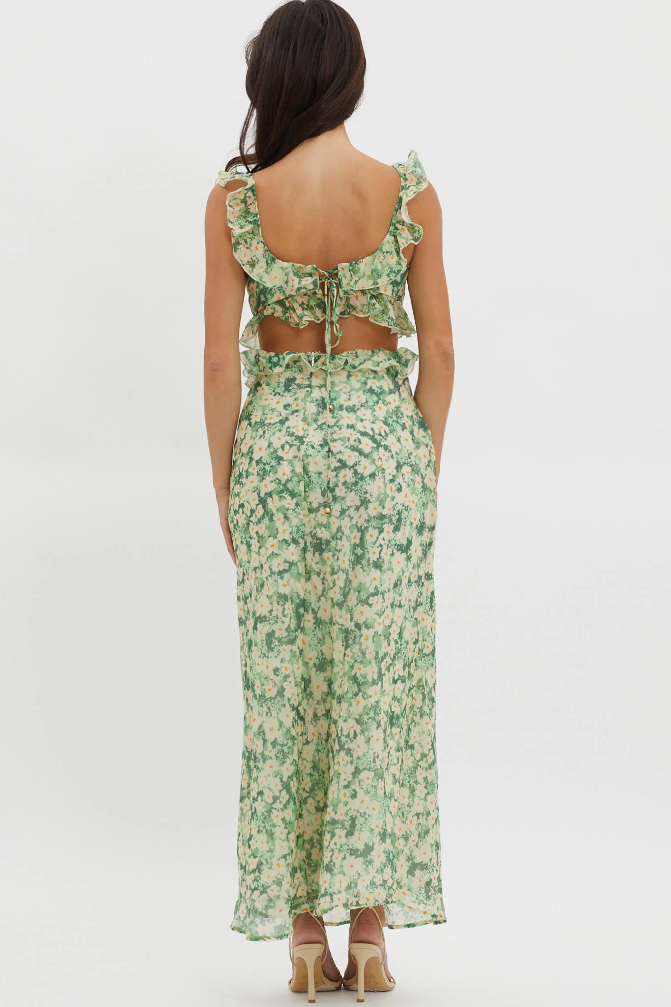 Second Chances Ruffle Trim Maxi Dress Flowers Green - Seraphlike
