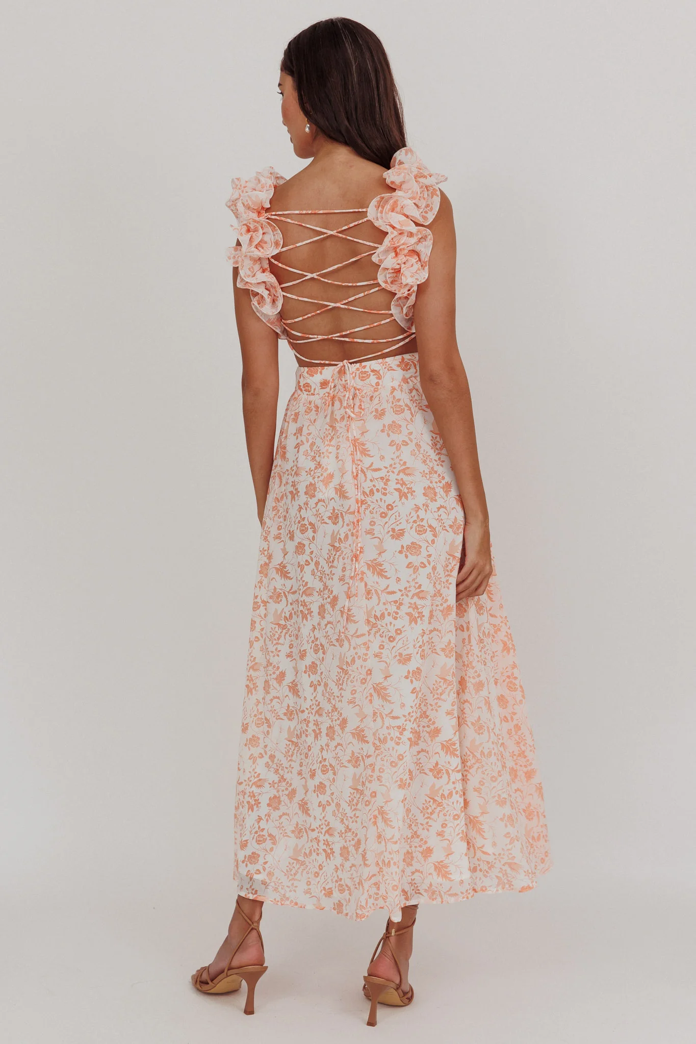 Madara Lace-Up Back Maxi Dress Flowers Orange - Seraphlike