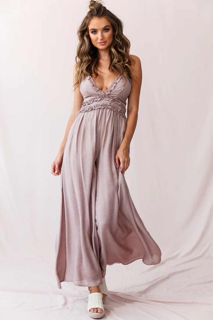 Laney Wide Leg Ruffle Detail Jumpsuit Mocha - Seraphlike